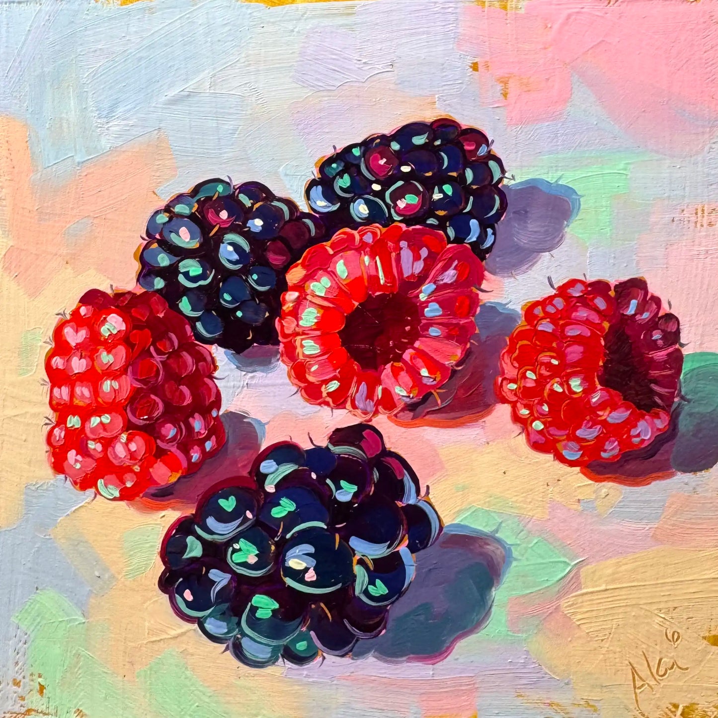 Original oil painting by Alai Ganuza titled "Berries I". A cluster of three red raspberries and three dark blackberries with teal highlights painted with thick impasto texture against a pastel peach and mint background.