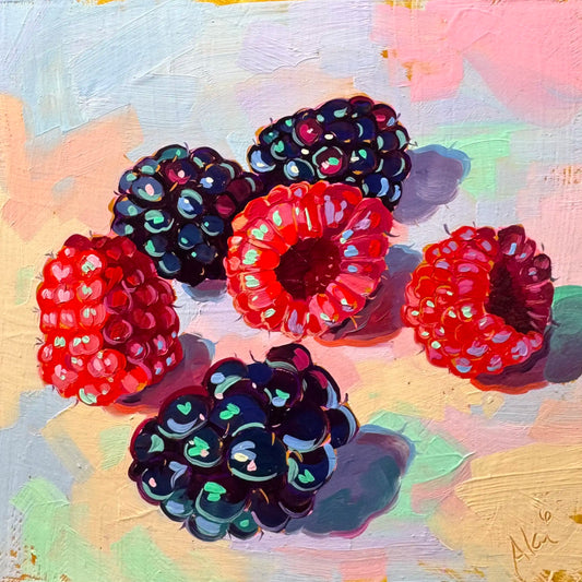 Original oil painting by Alai Ganuza titled "Berries I". A cluster of three red raspberries and three dark blackberries with teal highlights painted with thick impasto texture against a pastel peach and mint background.