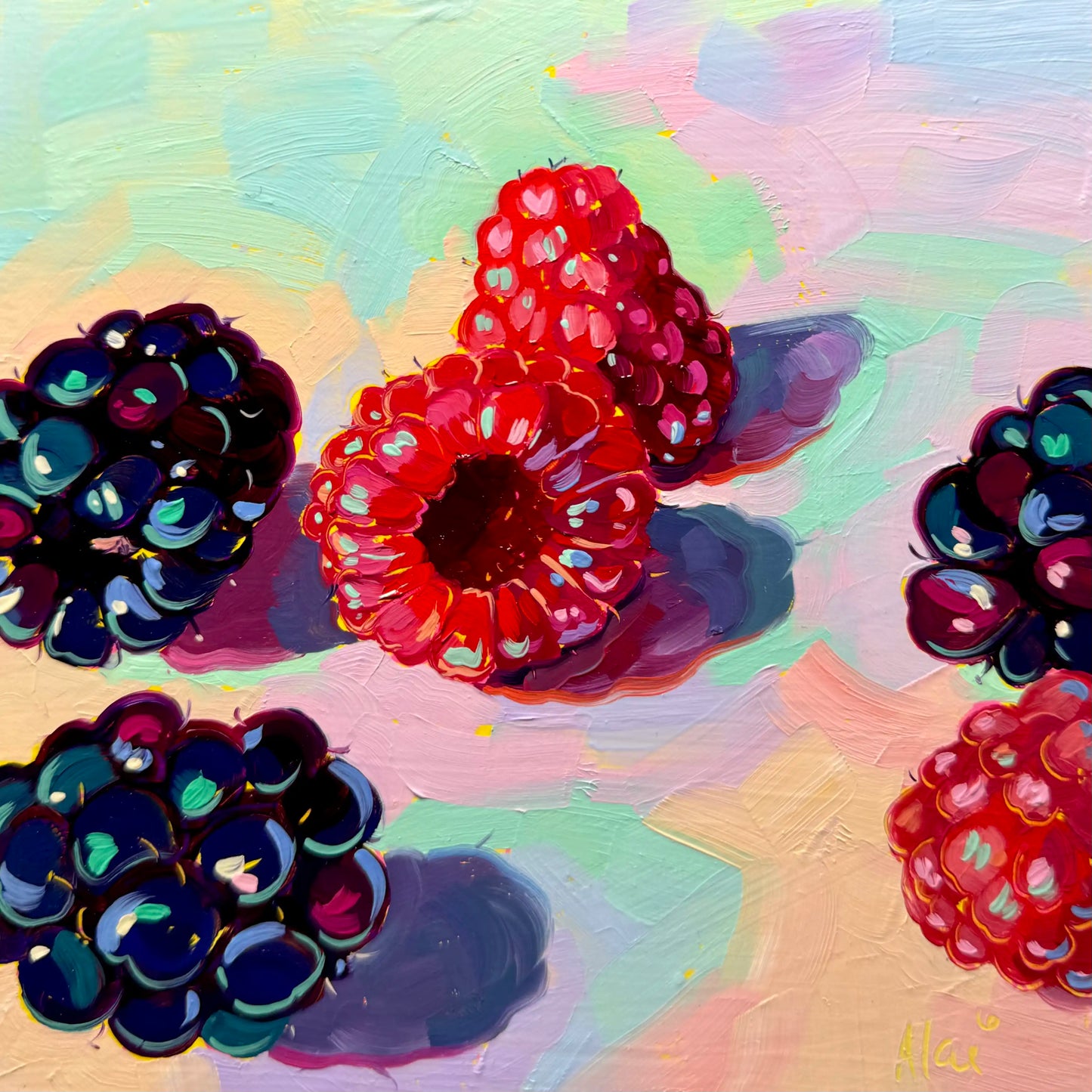 Original oil painting by Alai Ganuza titled "Berries II". A scattered arrangement of red raspberries and dark blackberries with teal and cyan highlights painted with thick impasto texture on a pastel mint and pink background.