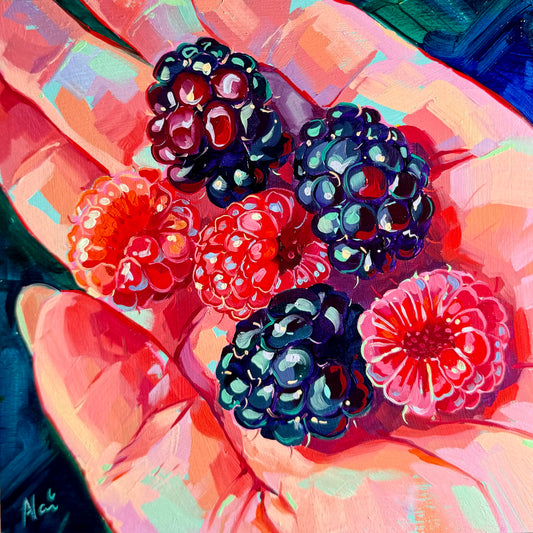 Original oil painting by Alai Ganuza titled "Berries on Hand". An open palm painted in warm pinks and oranges holding fresh raspberries and blackberries against a deep blue background.