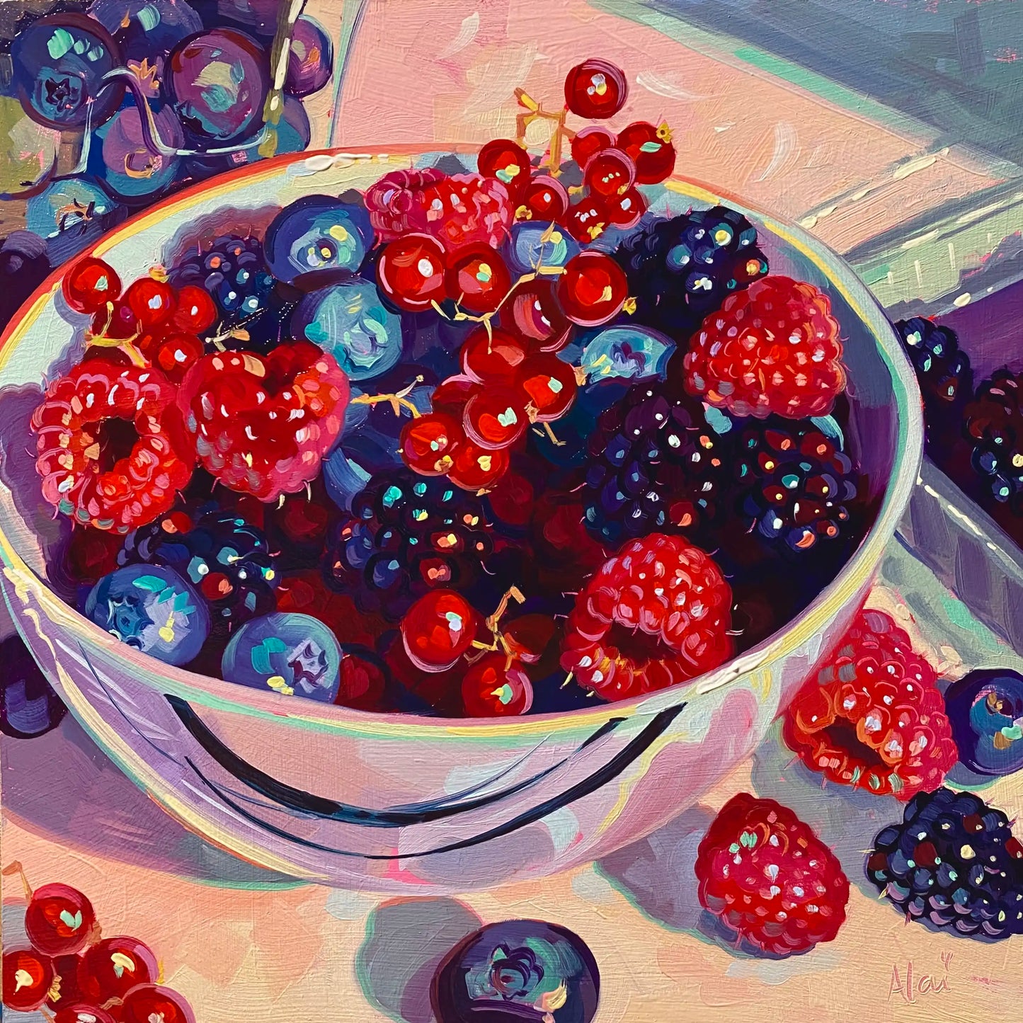 Original oil painting by Alai Ganuza titled "Berry Bowl II". A white ceramic bowl overflowing with raspberries, blackberries, blueberries, and red currants, with more fruit scattered on a pastel pink and peach table surface.
