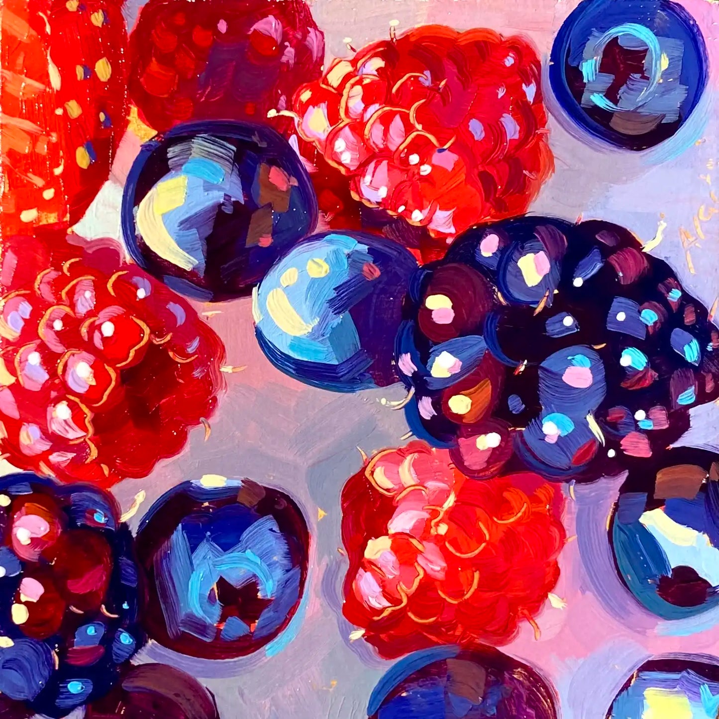 Original oil painting by Alai Ganuza titled "Berry Box I". A close-up view of raspberries, blueberries, and blackberries painted in vibrant reds and blues on a gold-primed wood panel.