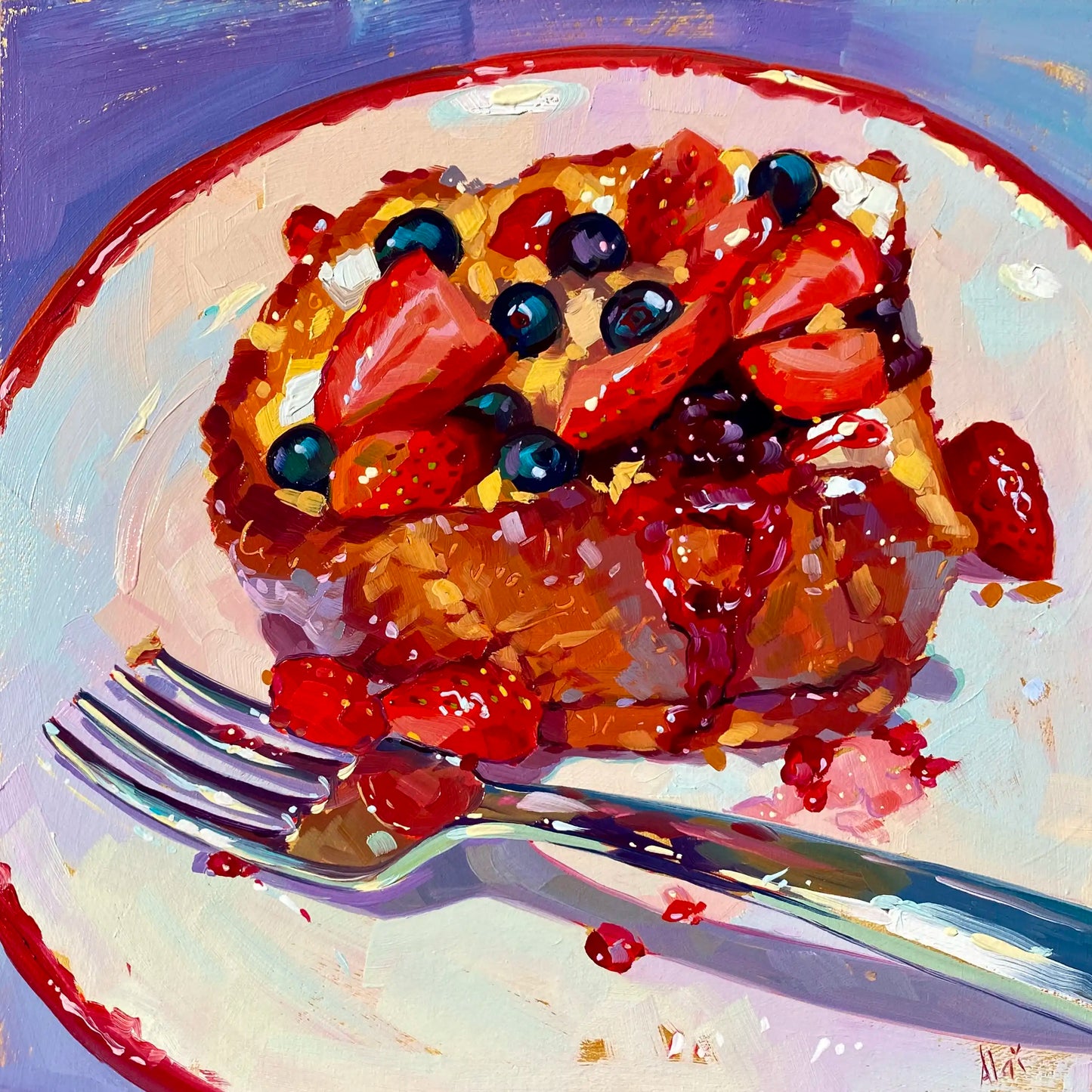 Original oil painting by Alai Ganuza titled "Berry Pie". A square slice of pie topped with fresh strawberries and blueberries on a white plate with a red rim, next to a silver fork, painted on a square wood panel.