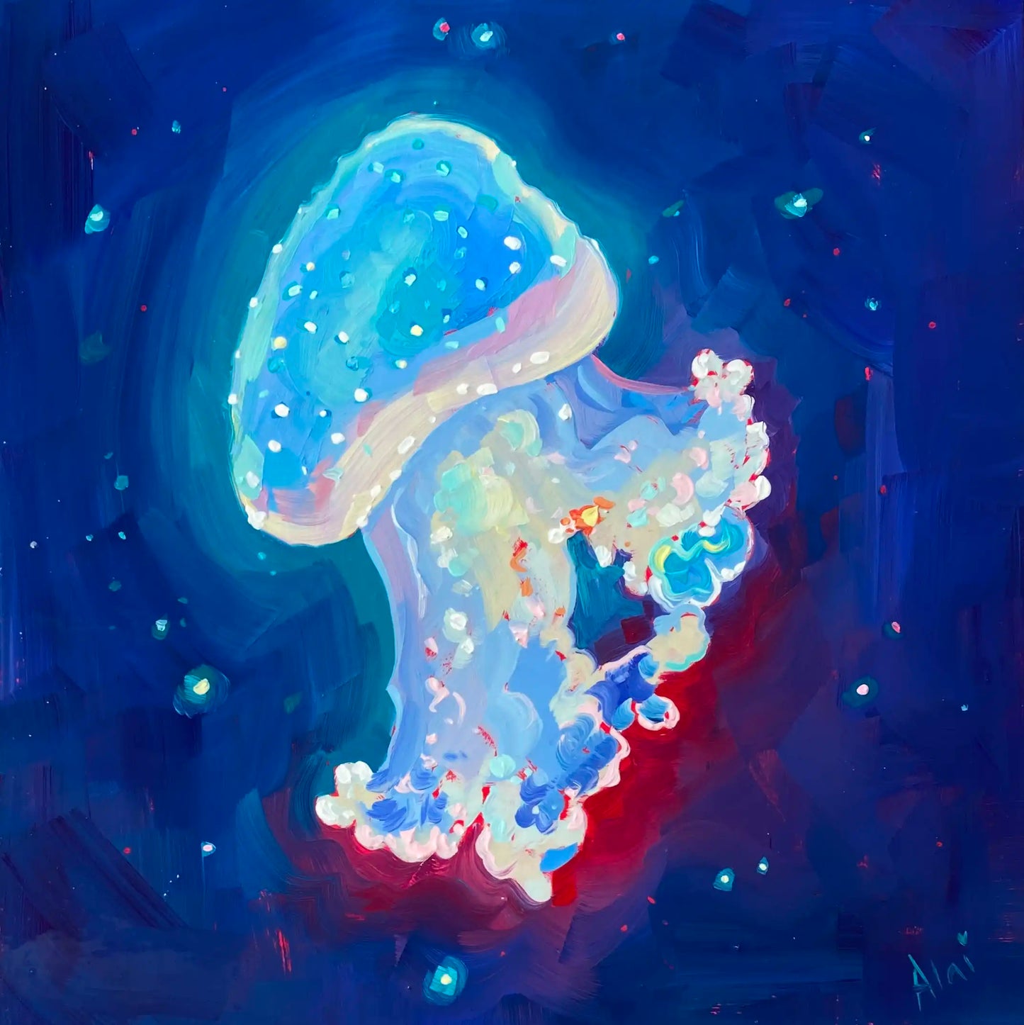 An original oil painting titled Bioluminescent Deep by Alai Ganuza. The close-up study depicts a glowing turquoise jellyfish floating through deep cobalt blue water. The creature features intricate tentacles and oral arms built with thick, blocky impasto oil brushstrokes incorporating pastel pink, lavender, and mint green hues. An intense, dark crimson shadow contrasts underneath the jellyfish, and a blue studio signature is visible in the bottom right corner.