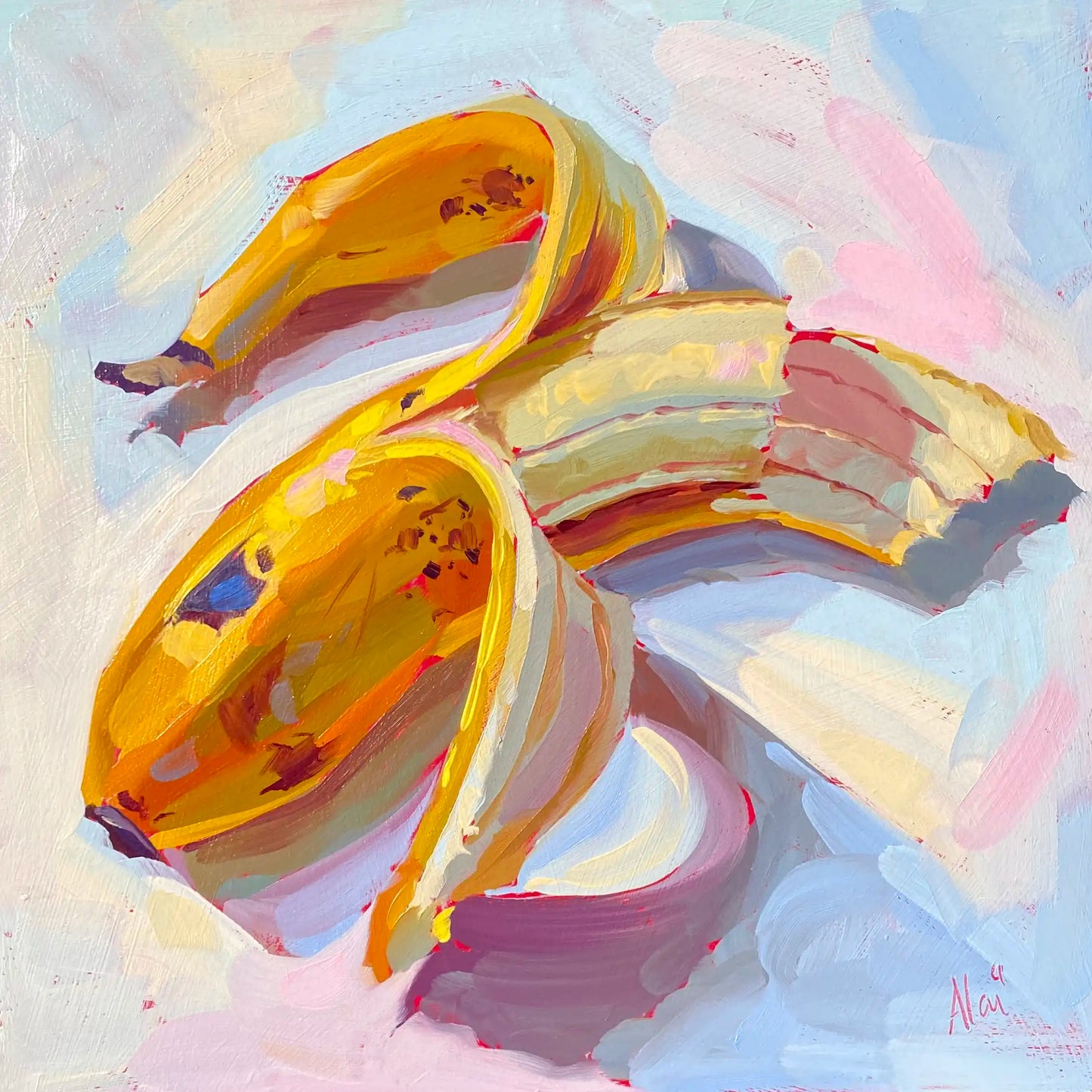 An expressive impasto oil painting featuring a banana that has been broken or bitten into, with two long pieces of its yellow peel curling forward. The fruit itself shows exposed, layered segments in cream, ochre, and soft brown tones, casting a prominent lavender and grey shadow. The background consists of broad, visible brushstrokes in pale blues, pinks, and whites. A subtle red artist signature, "Alai," is visible in the bottom right corner.