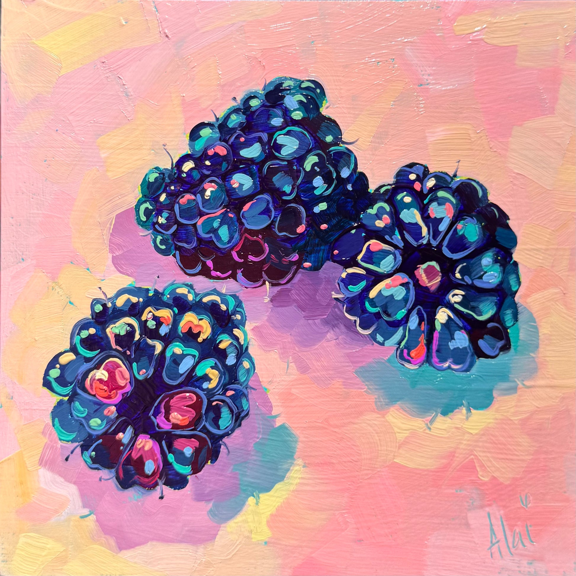 A square 15x15 cm original oil painting featuring three blackberries on a textured, soft pink background. Each berry is built with thick, raised ridges of dark blue and indigo paint, creating a sculptural 3D effect. Small, vibrant dots of neon pink, electric orange, and light teal serve as highlights on the individual drupelets. The berries cast soft, lavender, and teal-tinted shadows onto the pink surface, showing a distinct teal underpainting peeking through the layers of heavy impasto brushwork.