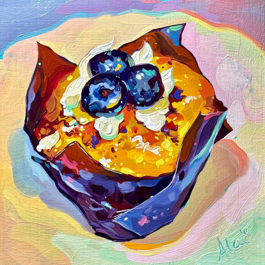 Original oil painting by Alai Ganuza titled "Blueberry Muffin". A golden-brown muffin in a dark purple liner, topped with three glossy blueberries and cream swirls, painted with thick impasto texture against a pastel background.