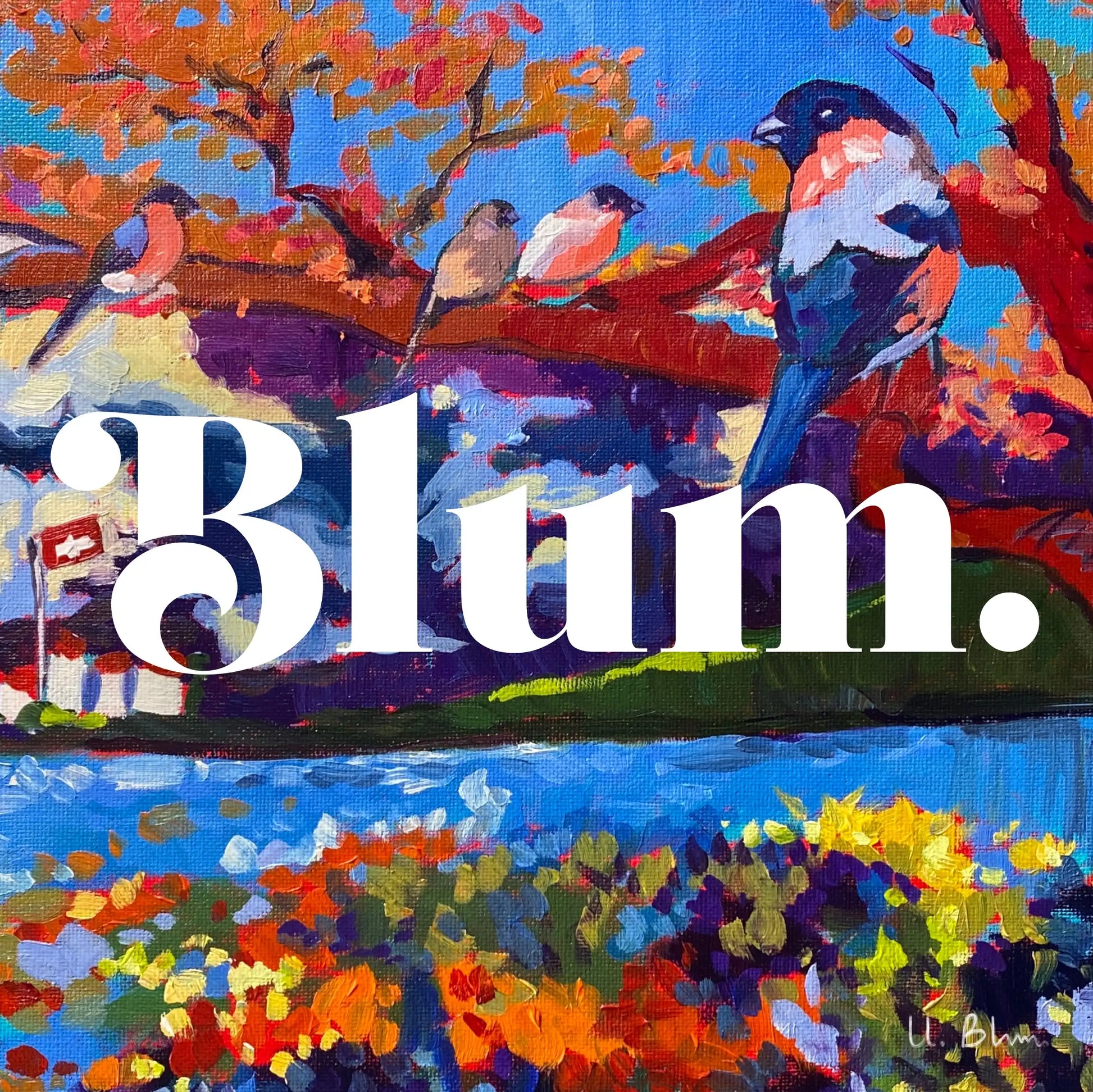 An original Fauvist-style oil painting of birds on a branch overlooking a Swiss mountain lake. It features thick impasto texture, vibrant blues and oranges, and a small Swiss flag in the background.