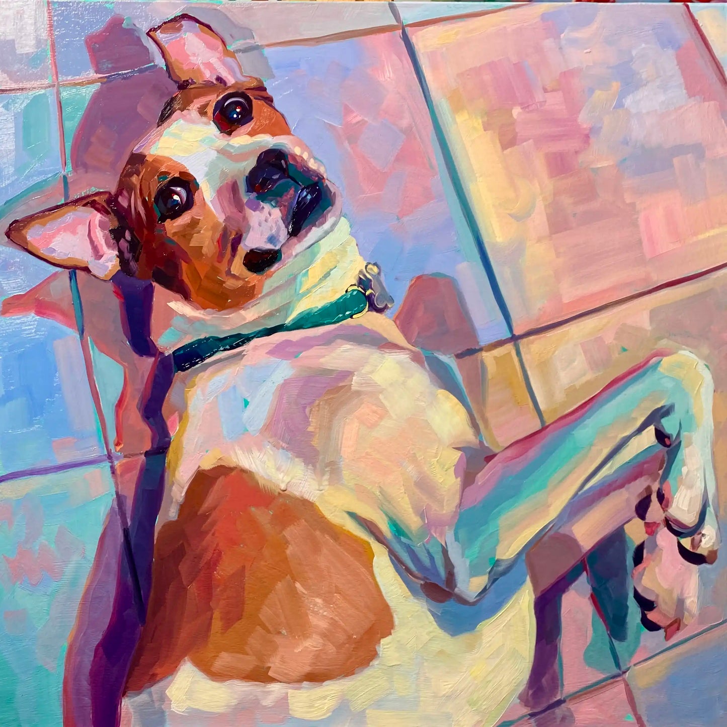 An original 14x14 oil painting of a dog named Bonnie lying on her back with her paws raised, looking at the camera. Features warm tan fur tones and a pastel purple and pink tiled floor background with thick brushstrokes.