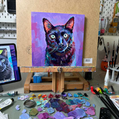 A vibrant oil portrait of Boo, a black cat, using deep violets and spectral light to create form against a soft lavender-purple background.