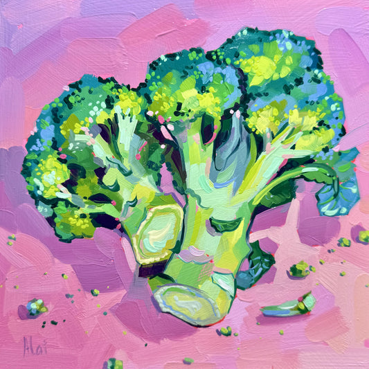 A vibrant 8x8 oil painting of a head of broccoli against a high-contrast pink background. It features neon green and teal highlights with thick, buttery impasto texture.
