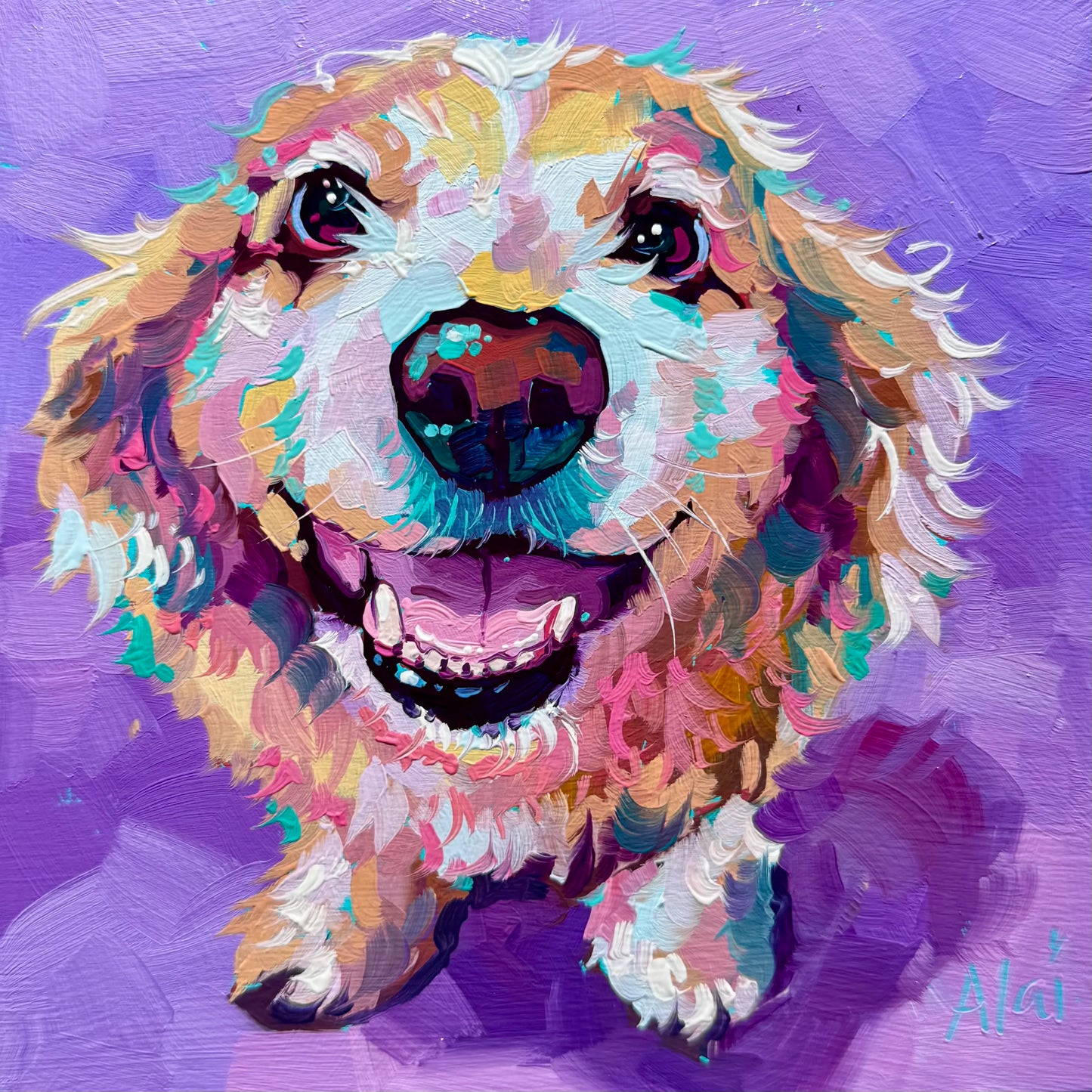 A high-contrast oil painting of a smiling golden dog named Bubba against a vibrant purple background. It features thick impasto texture and neon teal highlights on the nose.