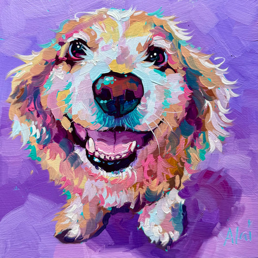 A high-contrast oil painting of a smiling golden dog named Bubba against a vibrant purple background. It features thick impasto texture and neon teal highlights on the nose.