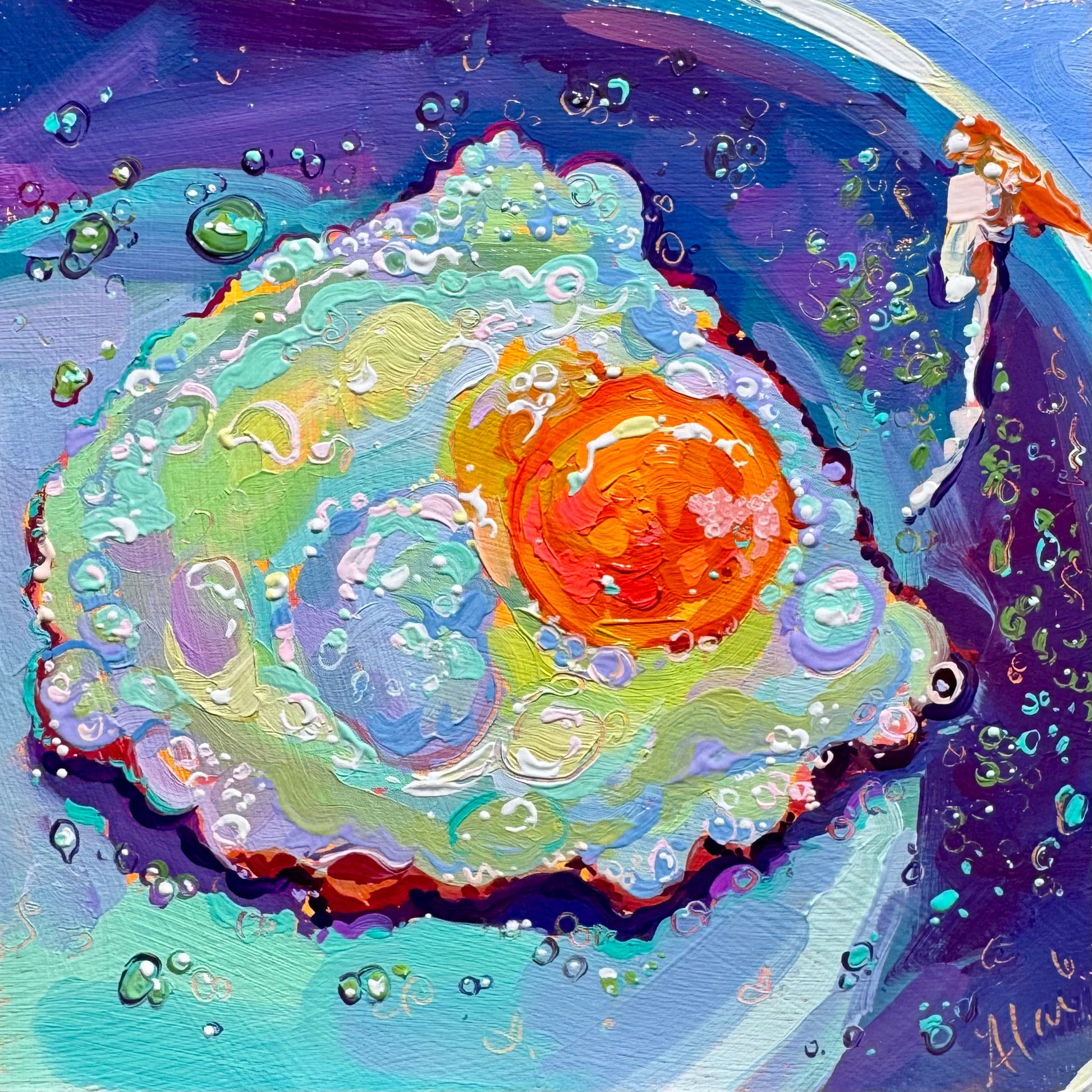 Original oil painting by Alai Ganuza titled "Bubbly Egg". A fried egg with a glowing orange yolk and neon-colored whites (mint green, teal, and lavender) rendered in heavy impasto. The egg is surrounded by painted "bubbles" on a deep violet and electric blue background.