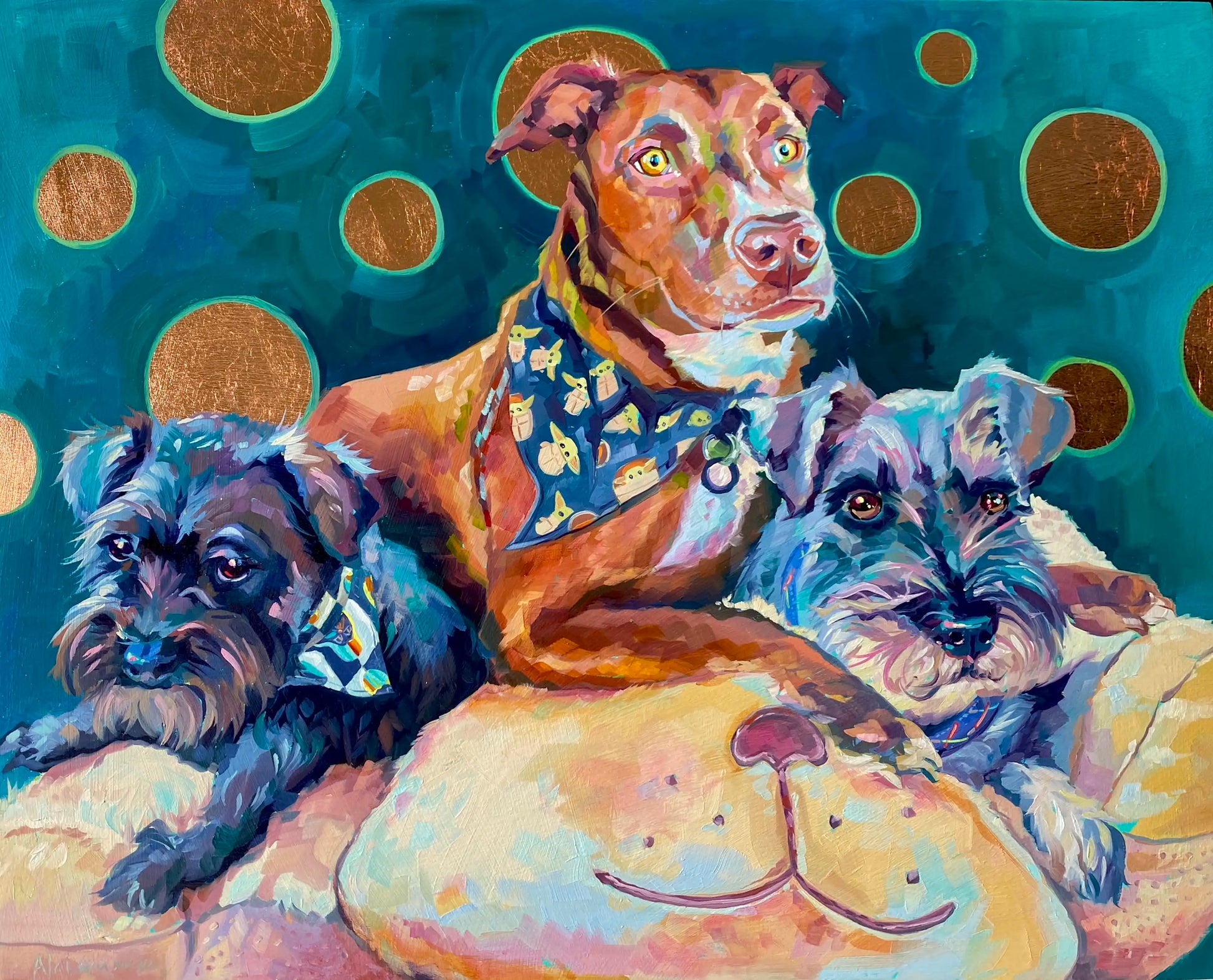 An original 16x20 oil painting of three dogs sitting closely together on a large smiling face pillow. The middle dog wears a green bandana, set against a dark teal background with large gold circles.