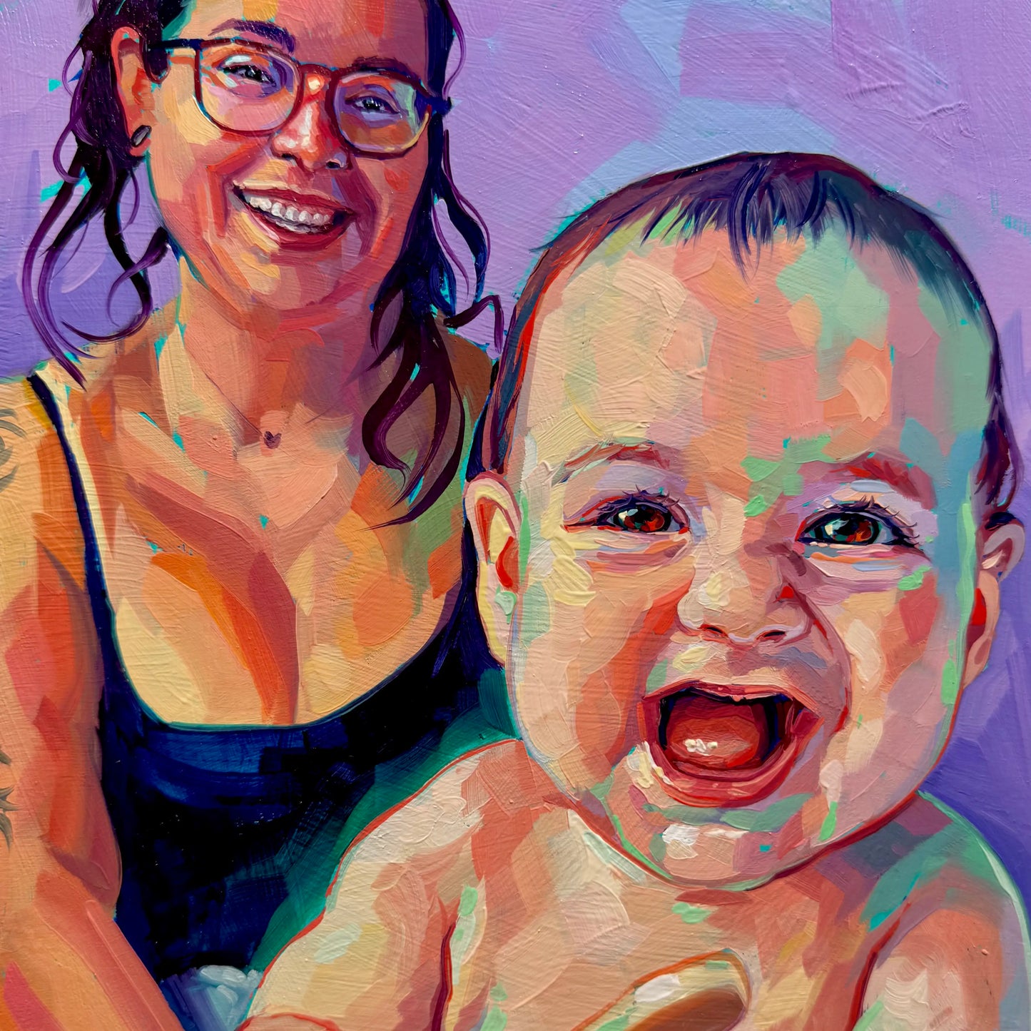 A high-contrast oil painting of a mother and her laughing baby against a purple background. It features thick impasto texture and luminous highlights in the baby's brown eyes.
