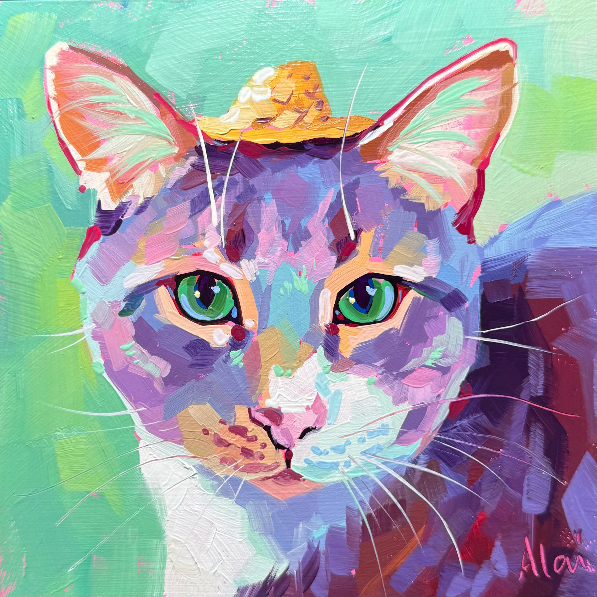 A set of three high-contrast oil paintings of cats named Miles, Mew, and Malcolm. One wears a straw hat, one has a pointed face, and one has its tongue out. All feature thick impasto texture and vibrant neon backgrounds.