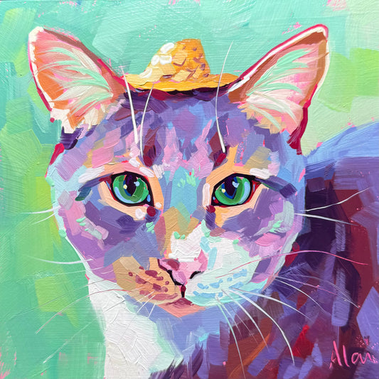 A set of three high-contrast oil paintings of cats named Miles, Mew, and Malcolm. One wears a straw hat, one has a pointed face, and one has its tongue out. All feature thick impasto texture and vibrant neon backgrounds.