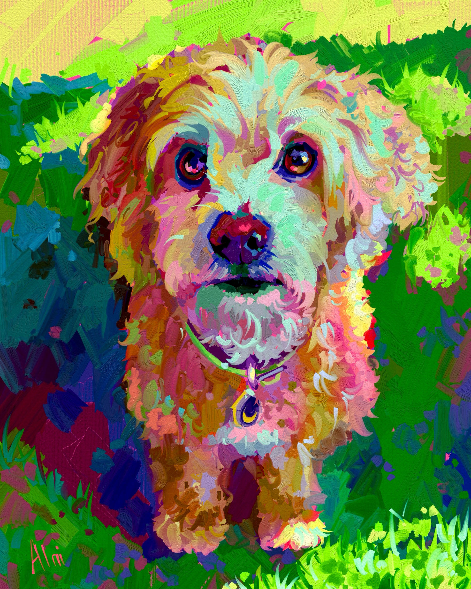 A vibrant digital oil-style painting of a scruffy tan dog named Chibbacci. He is sitting in a lush green clover field with bright sunlight hitting his fur and warm orange highlights in the background.