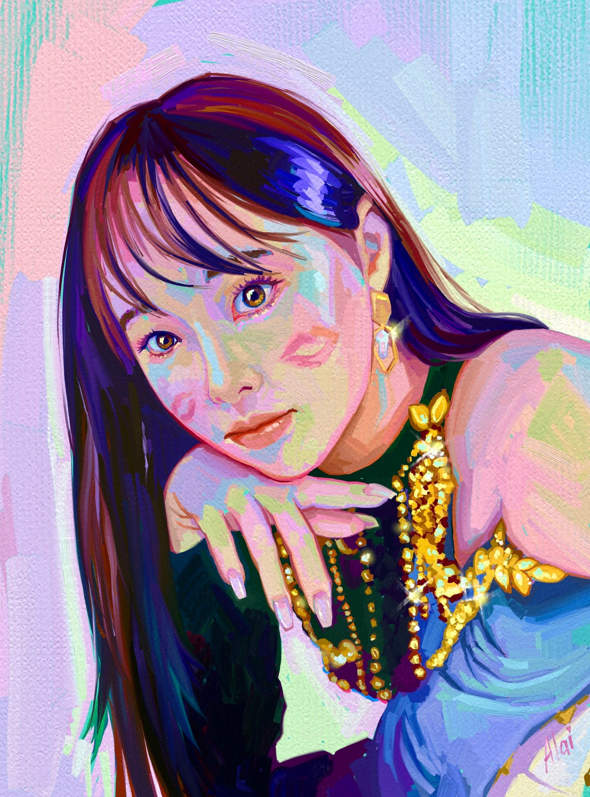A vibrant digital oil painting of K-pop artist Chuu. It features peach-colored lipstick kisses on her face, sparkling gold jewelry, and a textured lavender background.