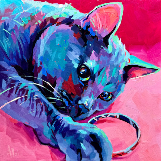 A high-contrast custom oil painting of a blue-toned cat named Cinder playing with a hair tie against a vibrant pink background with thick impasto texture.