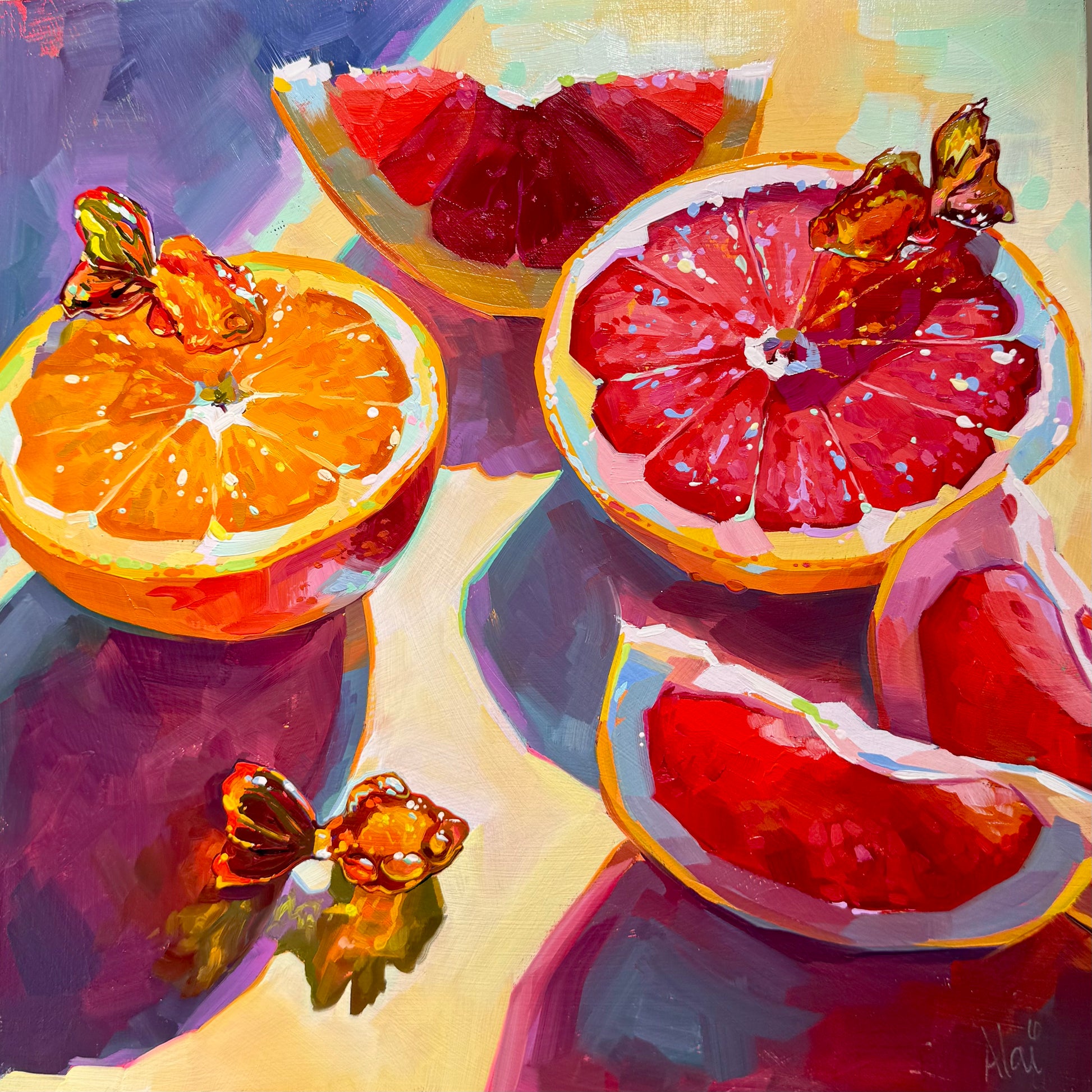 A large 30x30 cm square original oil painting. The composition features two large halved citrus fruits—an orange and a grapefruit—alongside smaller grapefruit segments on a pale yellow surface. Three small goldfish, rendered in glowing orange and yellow, appear in the scene: one on the rim of the orange, one on the grapefruit, and one "swimming" within a deep purple shadow in the foreground. I used thick, sculptural impasto brushwork to create raised ridges on the fruit rinds and fish. 