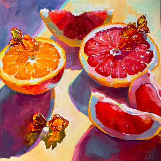 A large 30x30 cm square original oil painting. The composition features two large halved citrus fruits—an orange and a grapefruit—alongside smaller grapefruit segments on a pale yellow surface. Three small goldfish, rendered in glowing orange and yellow, appear in the scene: one on the rim of the orange, one on the grapefruit, and one "swimming" within a deep purple shadow in the foreground. I used thick, sculptural impasto brushwork to create raised ridges on the fruit rinds and fish. 