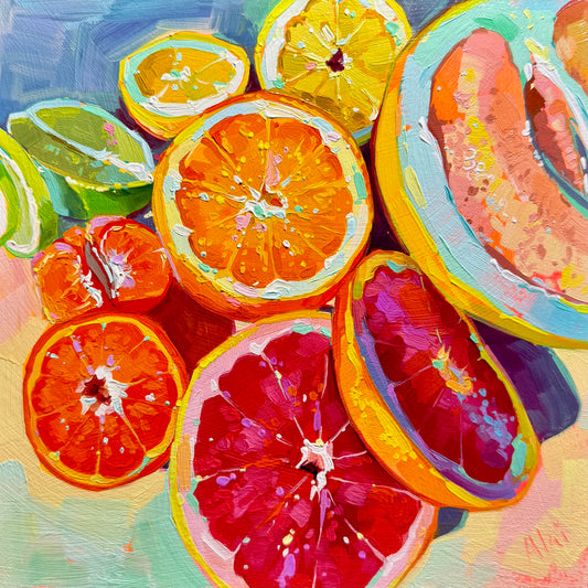 A square 20x20 cm original oil painting titled "Citrus Rainbow." The composition is filled with overlapping slices of various citrus fruits, including deep ruby blood oranges, bright oranges, yellow lemons, and green lime wedges. I used thick, sculptural impasto brushwork to build the rinds and juicy segments, creating physical 3D ridges. Vivid neon highlights in cyan, magenta, and pale yellow are scattered across the fruit surfaces.