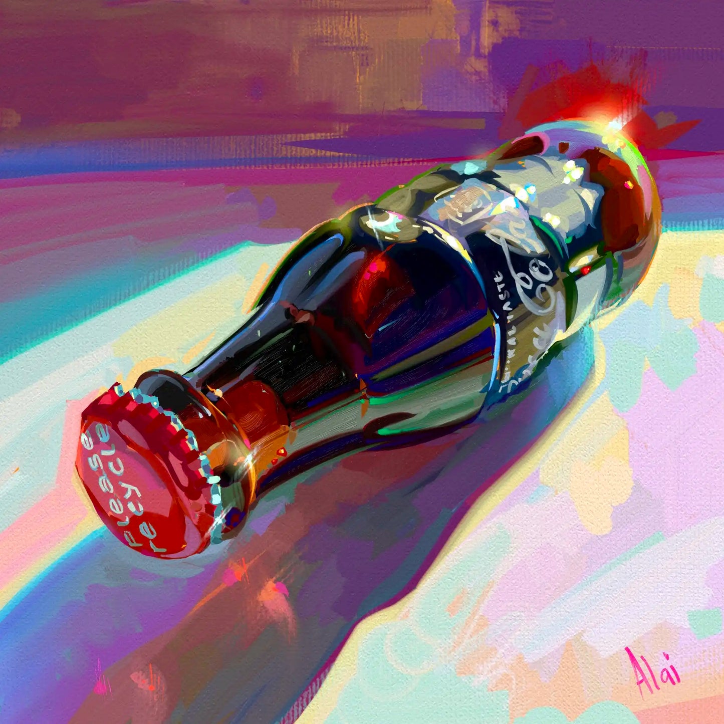 Vibrant digital painting of a glass Coca-Cola bottle lying horizontally, titled Neon Pop Classic by Alai Ganuza. The bottle shows high-contrast reflections of neon green, hot pink, and white light, casting a long purple shadow. A red bottle cap in the foreground reads Please Recycle, all rendered in a blocky, oil-impasto digital style with a pink signature in the corner.