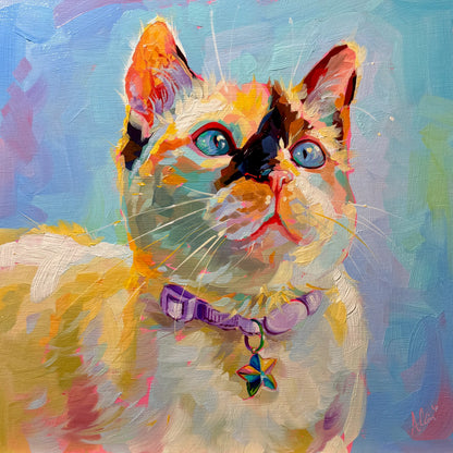 A high-contrast oil painting of Coco the Siamese cat with a cute, vacant expression against an iridescent sky-blue background with thick impasto texture.