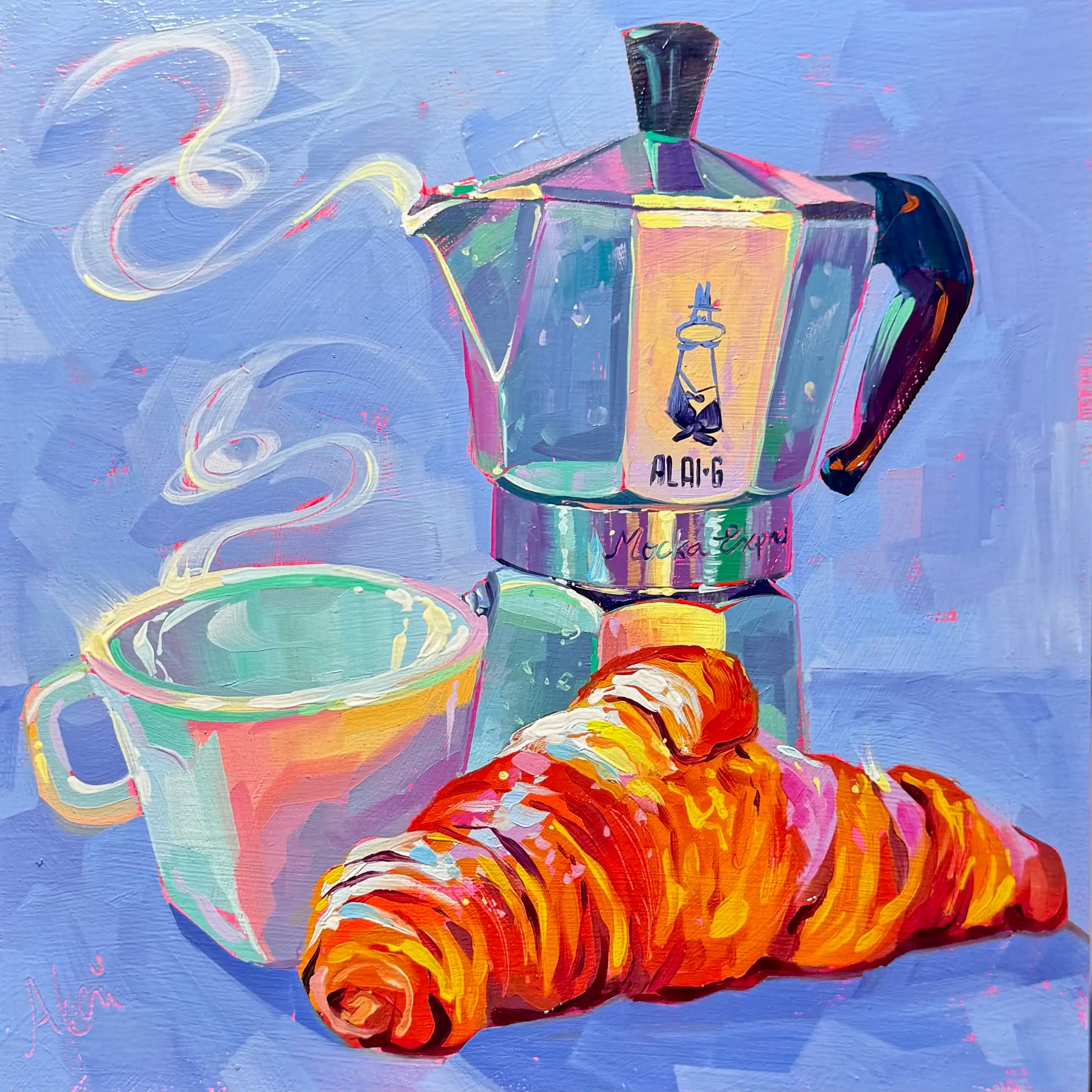 Original oil painting by Alai Ganuza titled "Coffee and Croissant". A silver moka pot with colorful reflections, a steaming cup, and a golden croissant painted with thick texture against a periwinkle blue background.