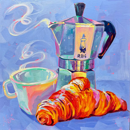 Original oil painting by Alai Ganuza titled "Coffee and Croissant". A silver moka pot with colorful reflections, a steaming cup, and a golden croissant painted with thick texture against a periwinkle blue background.