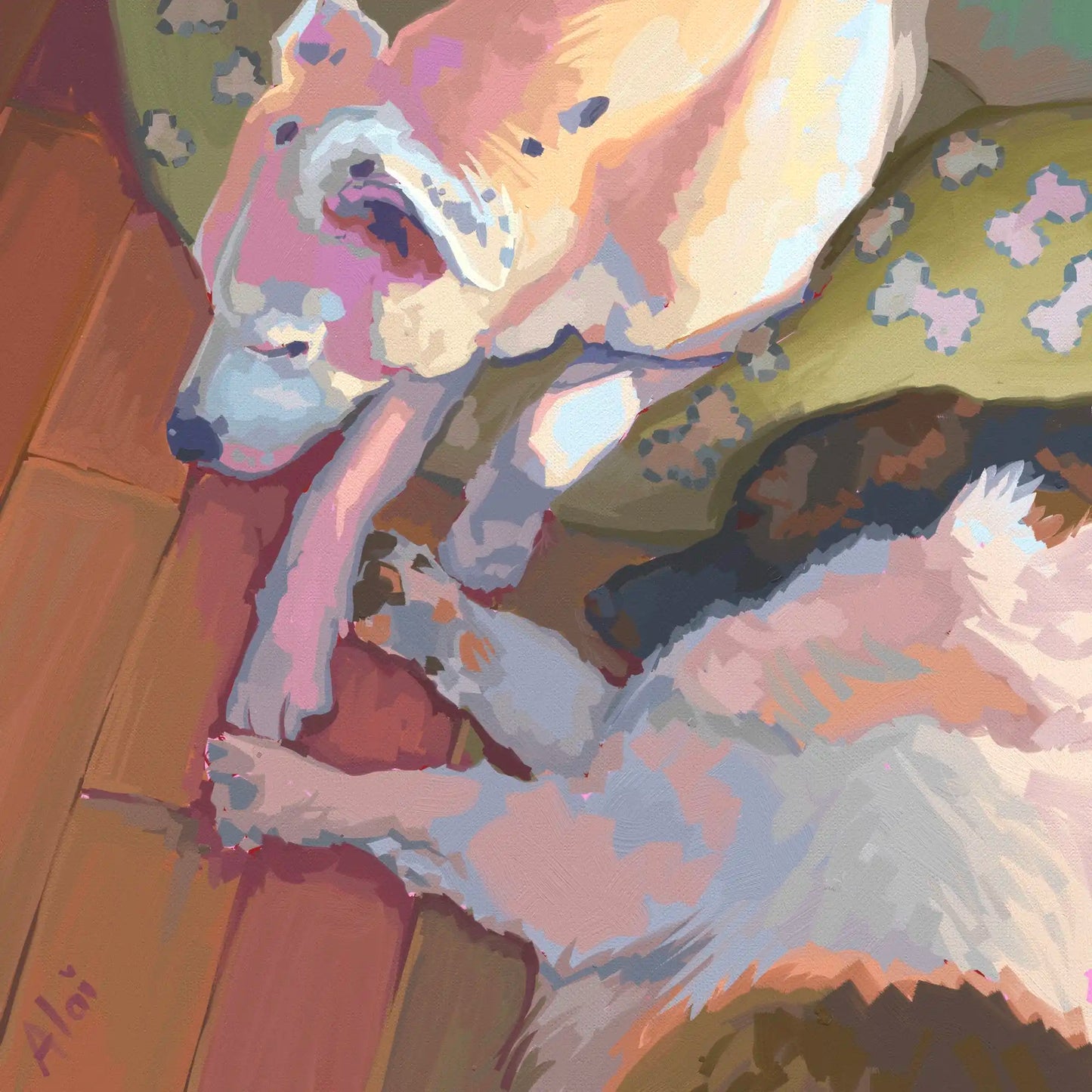 Vibrant digital painting of two sleeping dogs titled Cozy Companions by Alai Ganuza. The overhead view shows a light-furred dog and a fluffy tri-color dog resting on a brown wooden floor next to a green dog bed with bone patterns. The scene features blocky, oil-impasto style digital brushstrokes with soft lavender and coral pink highlights, signed Alai in the bottom corner.