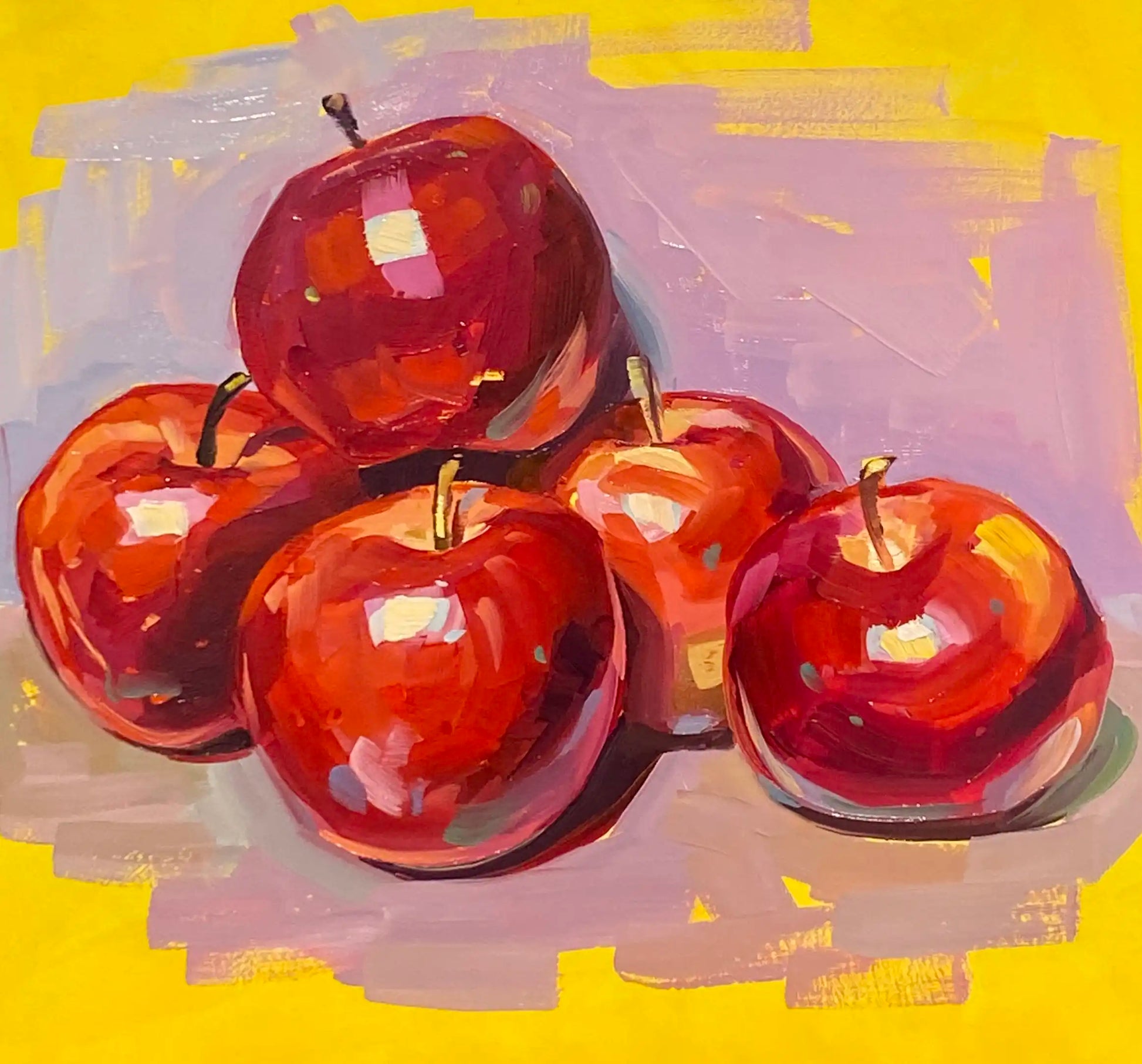 An original oil painting titled Crimson Harvest by Alai Ganuza. It depicts a close-up still life study of five glossy red apples piled together. The artwork features thick, blocky impasto oil brushstrokes on a textured canvas, highlighting bright white and pink light reflections on the rich crimson skins. The apples rest on a muted lavender patch against a vibrant, solid bright yellow background.