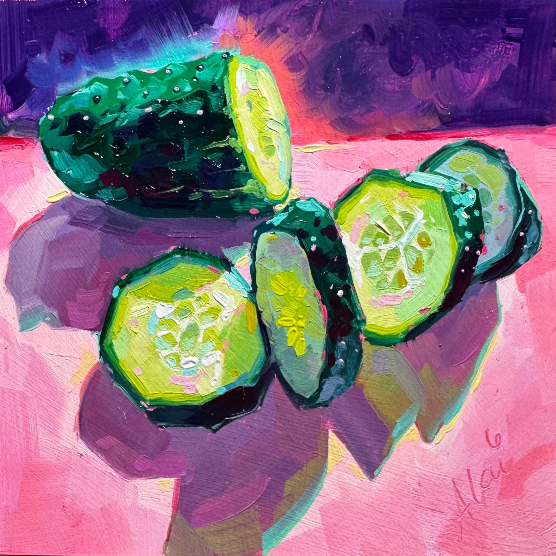 A square 15x15 cm original oil painting featuring several slices of cucumber and a whole end section resting on a bright, textured pink surface. The cucumber skin is a deep emerald green with white impasto dots for texture, while the sliced centers are a vibrant pale lime green with visible seeds. A deep, atmospheric purple background creates a heavy contrast. The painting utilizes a neon pink underpainting that peeks through the thick, sculptural brushwork.
