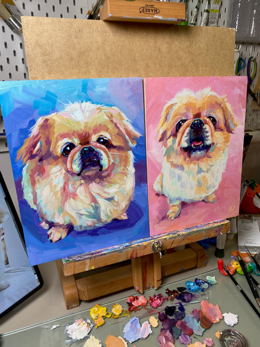 A high-contrast prismatic oil painting of Elvee, a smiling dog, featuring thick impasto brushstrokes in candy floss pink, violet, and electric blue on a wood panel.