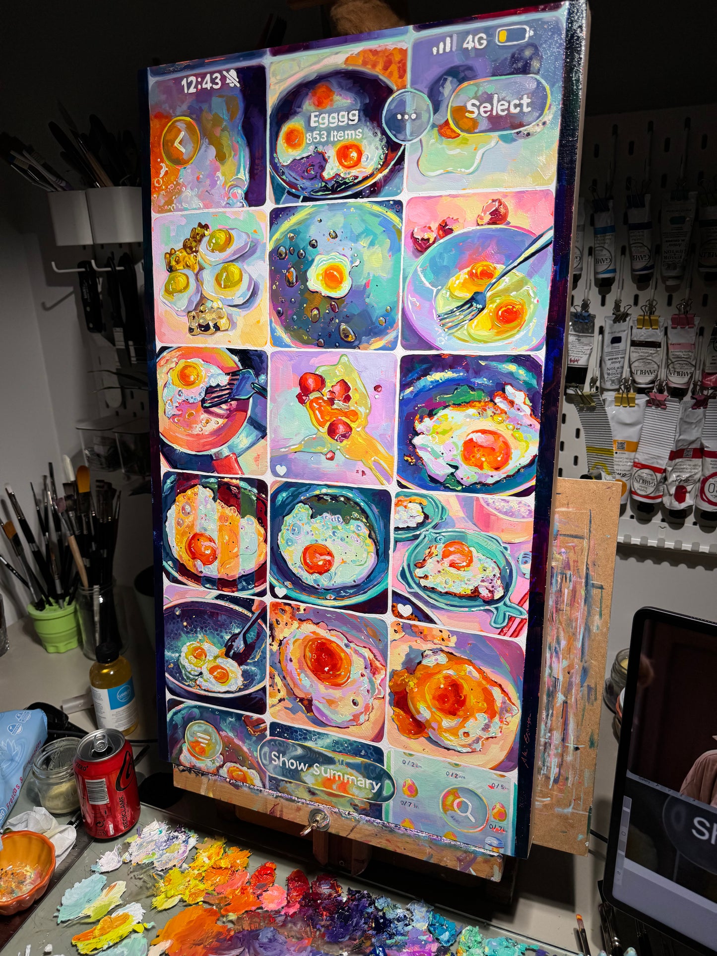 A large vertical 40x70 cm original oil painting depicting a smartphone's photo gallery interface. The top bar shows '12:43' and a '4G' icon. The main content is a 3x5 grid of fifteen individual thumbnail paintings, each showing different preparations of fried eggs with vibrant neon yellow yolks and deep purple shadows. The bottom of the 'screen' features a 'Show Summary' button and a search icon. The entire piece is rendered with thick, sculptural impasto brushwork.