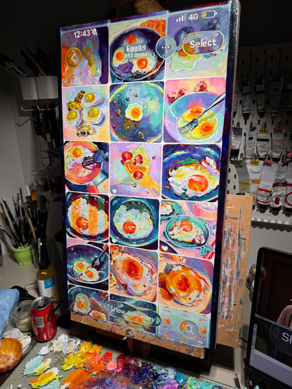 A large vertical 40x70 cm original oil painting depicting a smartphone's photo gallery interface. The top bar shows '12:43' and a '4G' icon. The main content is a 3x5 grid of fifteen individual thumbnail paintings, each showing different preparations of fried eggs with vibrant neon yellow yolks and deep purple shadows. The bottom of the 'screen' features a 'Show Summary' button and a search icon. The entire piece is rendered with thick, sculptural impasto brushwork.