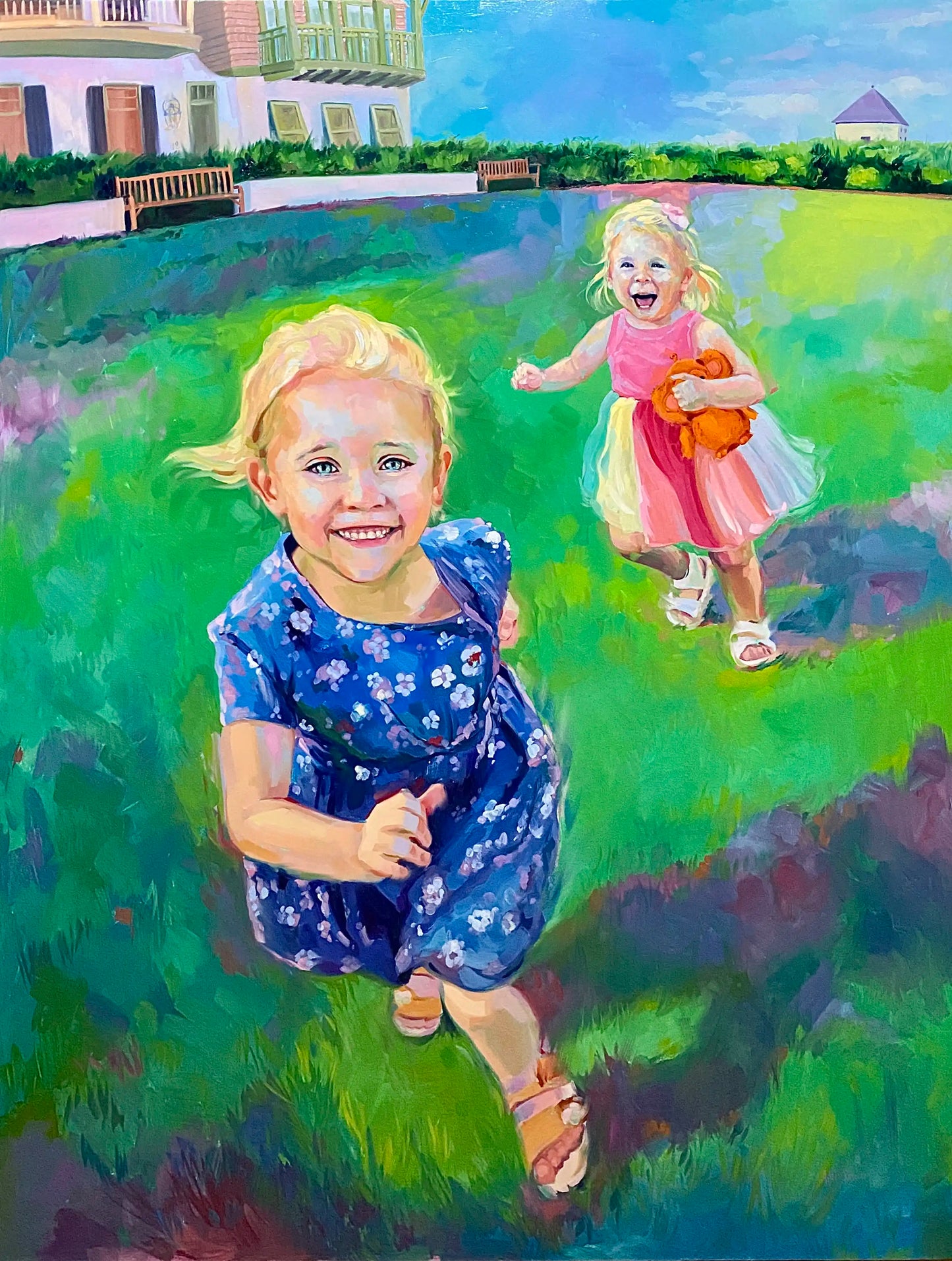 A large original oil painting of two young sisters, Dylan and Drew, running and laughing through a massive green field. Features high-contrast neon greens, vibrant blue and pink dresses, and a blurred dreamlike background.