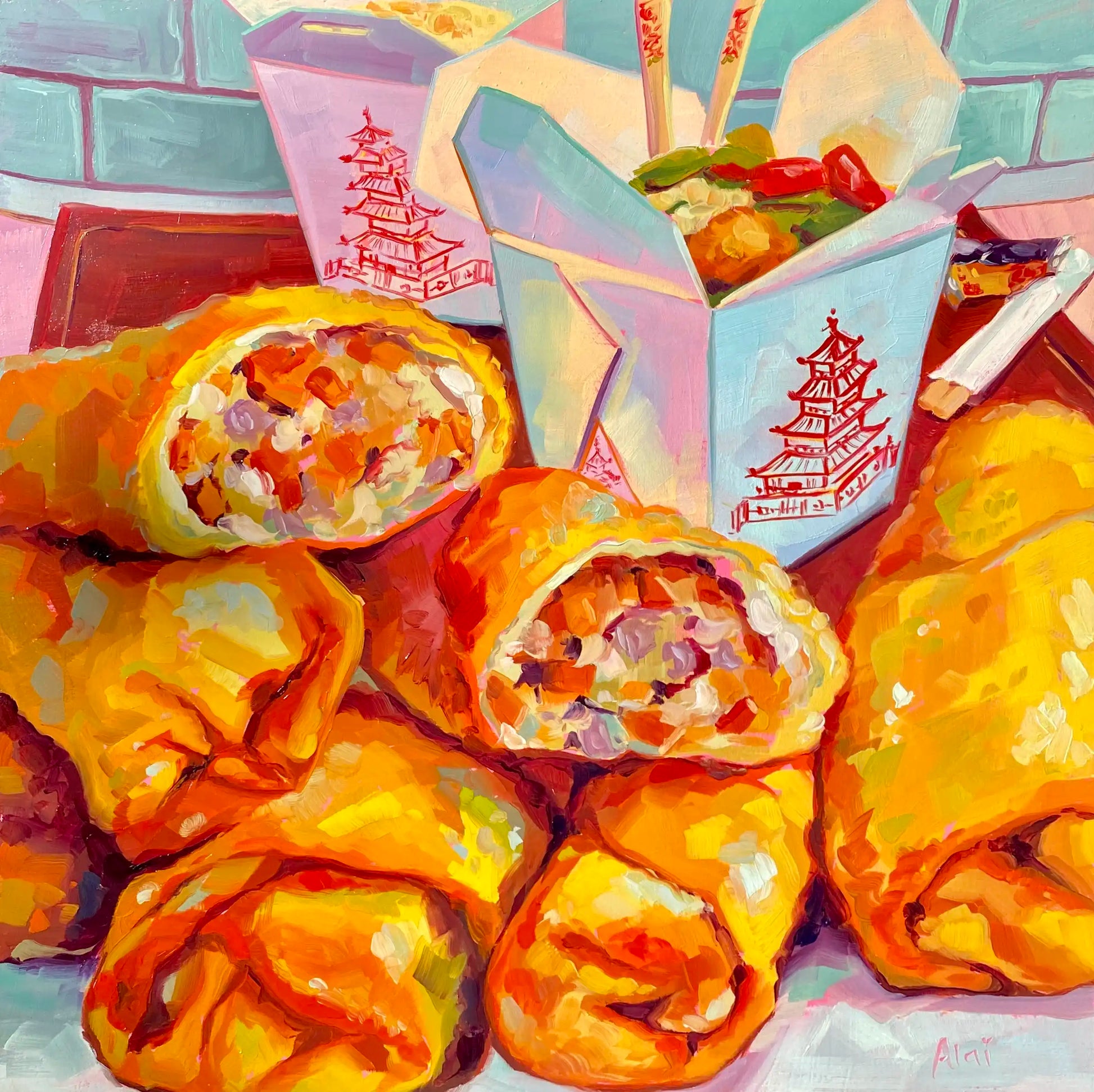 An original oil painting of a stack of golden-brown egg rolls, with two cut open to reveal the vegetable filling, set in front of classic Chinese takeout boxes with a red pagoda design. Painted with thick, visible texture.
