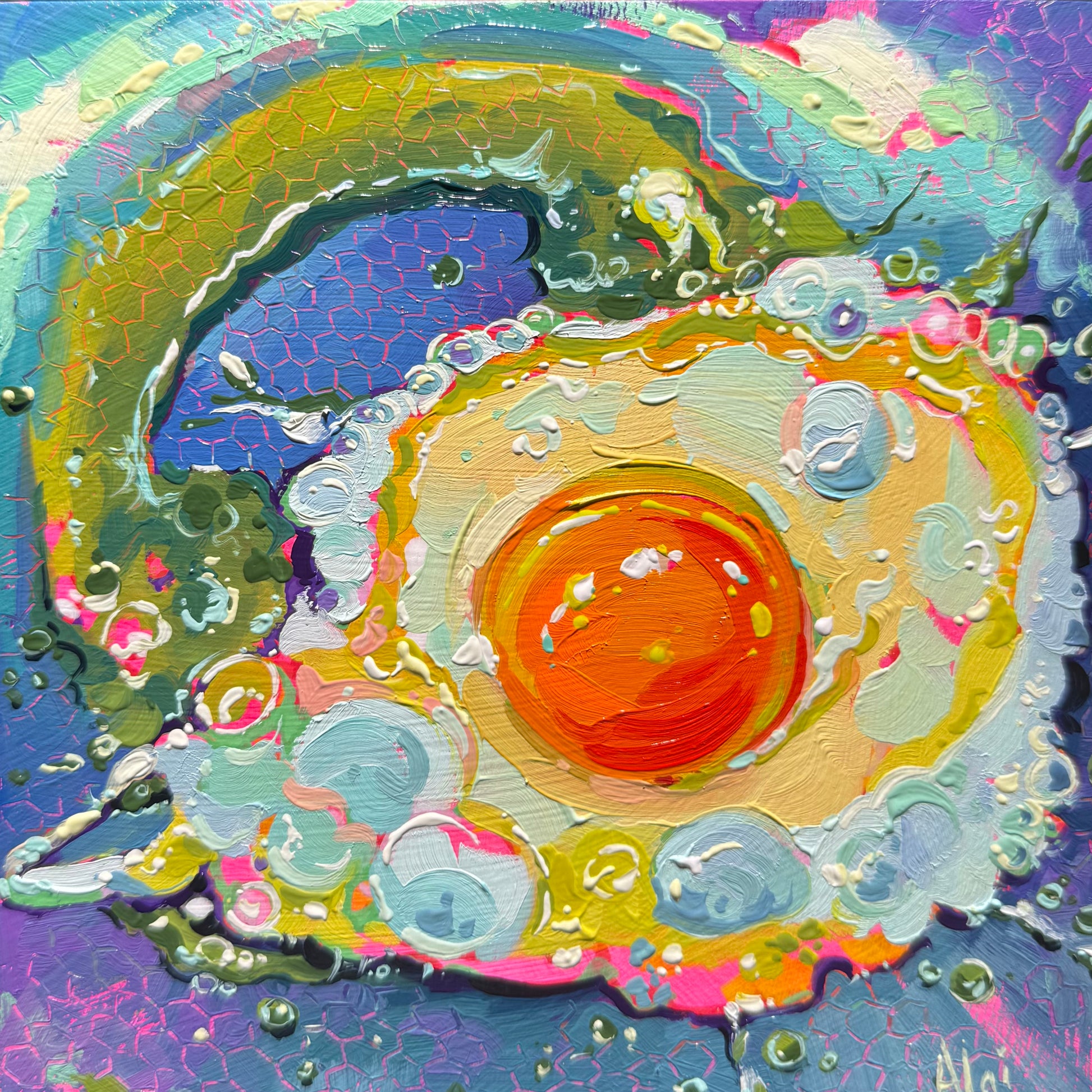 Original 15x15 cm oil painting by Alai Ganuza titled "Egg Rainbow." A fried egg with a glowing orange yolk is centered in a neon swirl of pink, lime, and teal whites. The background features a textured purple honeycomb pattern with thick, sculptural impasto brushwork.