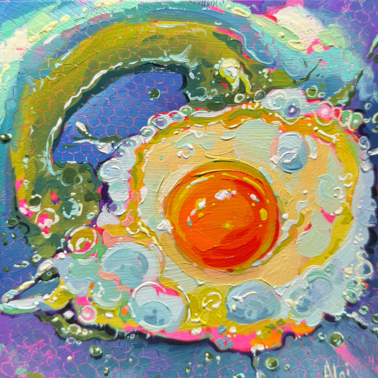 Original 15x15 cm oil painting by Alai Ganuza titled "Egg Rainbow." A fried egg with a glowing orange yolk is centered in a neon swirl of pink, lime, and teal whites. The background features a textured purple honeycomb pattern with thick, sculptural impasto brushwork.