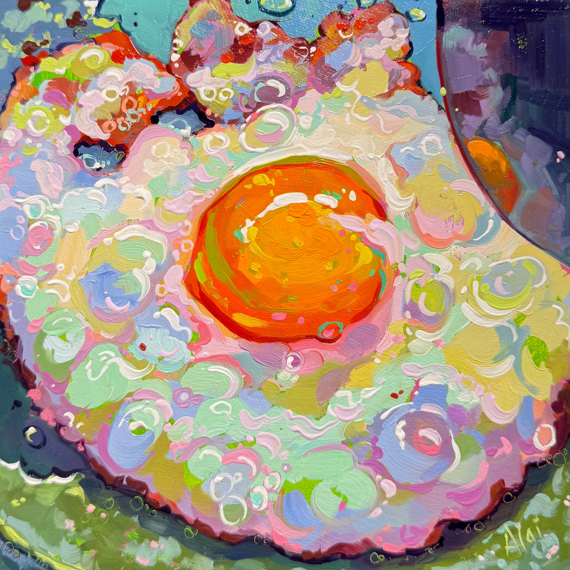 Original 20x20 cm oil painting by Alai Ganuza titled "Egg Reflection." A fried egg with a molten orange yolk is surrounded by "whites" in a neon spectrum of mint green, pink, and lavender. The piece features heavy impasto texture and a dark, reflective shape on the right against a vibrant teal and violet background.