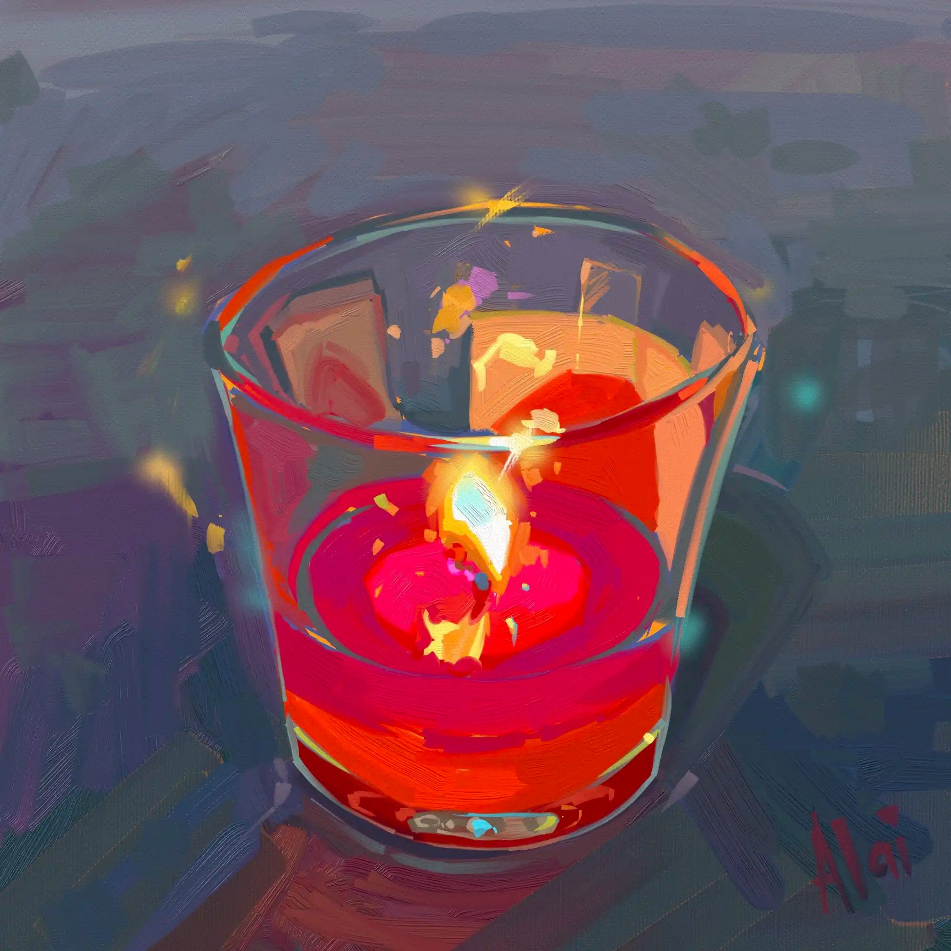 Vibrant digital painting titled Electric Flame by Alai Ganuza featuring a burning candle inside a glass holder. The candle has glowing hot pink and orange wax, with a bright white and yellow flame casting luminous light reflections. The scene is rendered in a textured, blocky digital style mimicking oil impasto against a dark muted violet background, signed Alai in the corner.