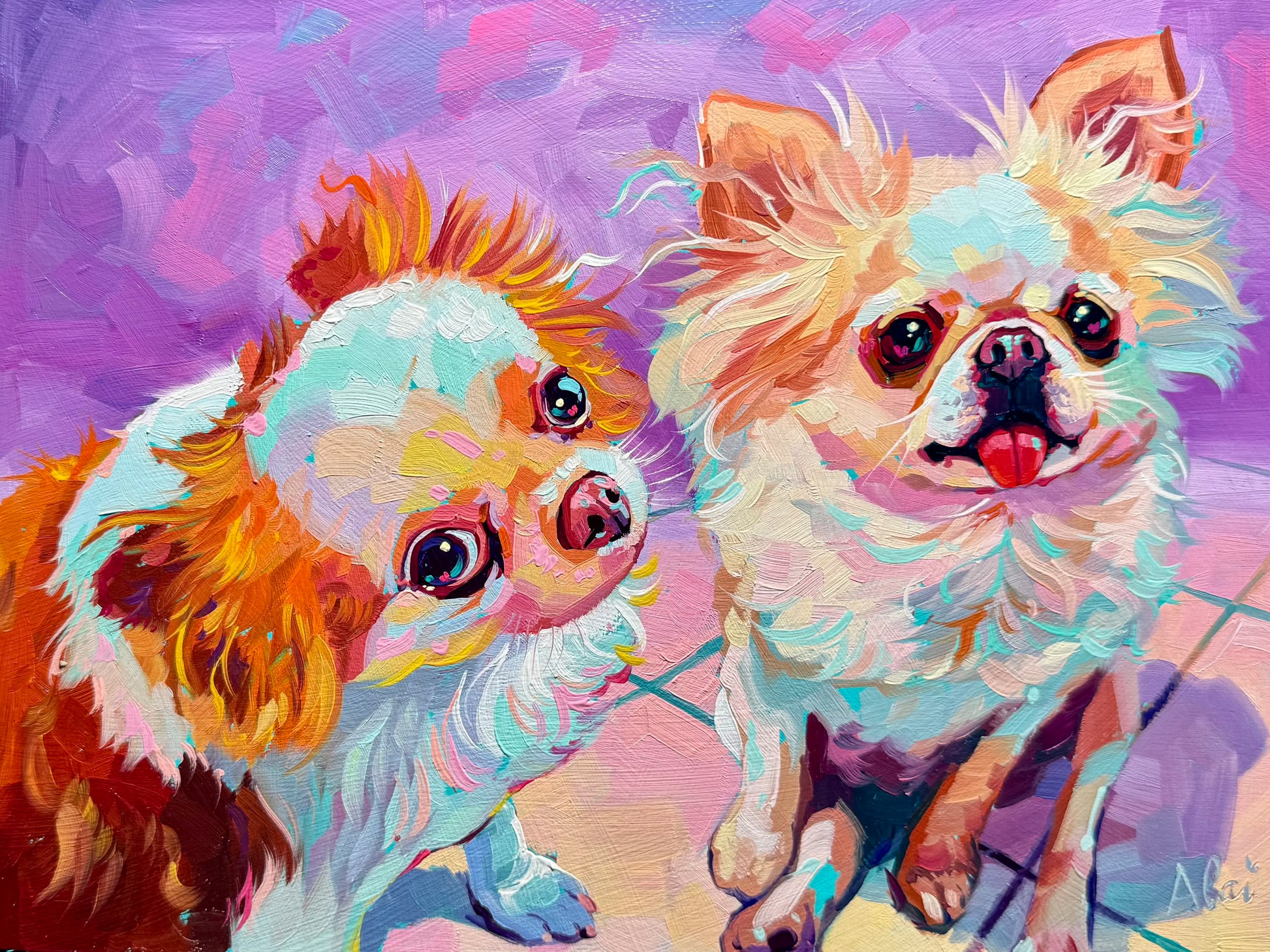 A high-contrast 9x12 oil painting of two Chihuahuas, Ellie and Penelope. One has a silly tongue sticking out and the other looks up bashfully. They are set against a vibrant purple background with thick impasto texture.
