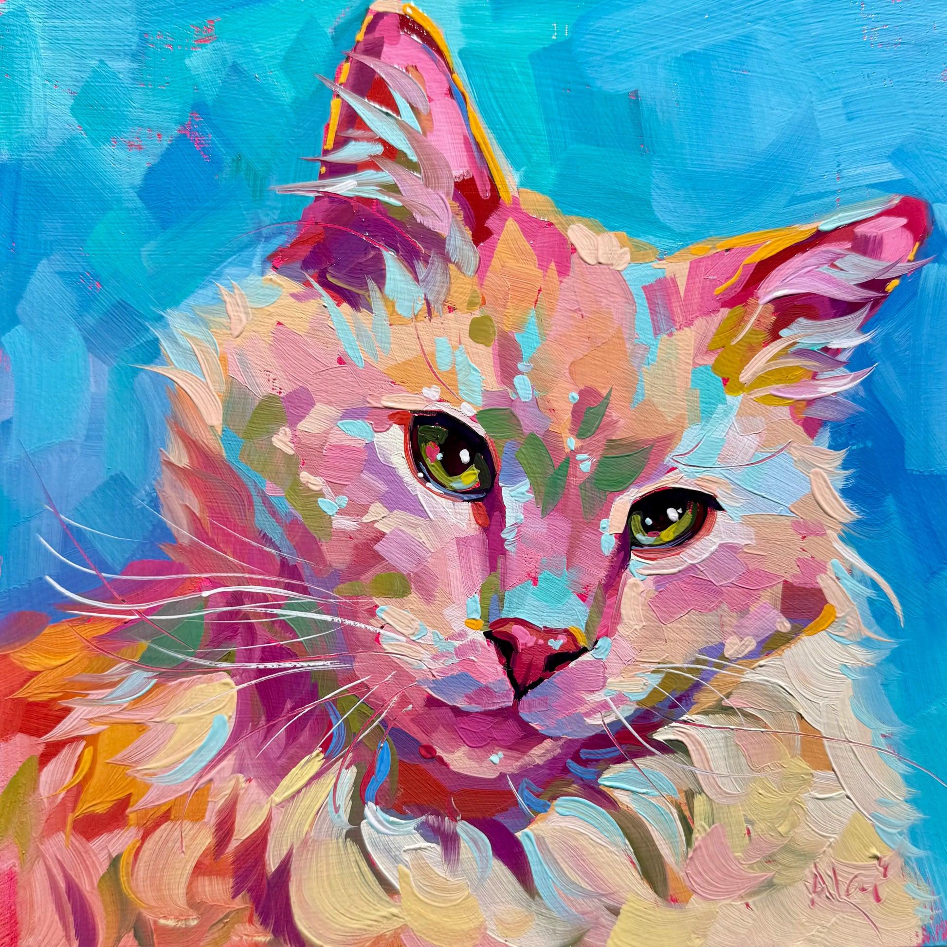 A high-contrast oil painting of a fluffy cat named Oscar with pink and orange fur highlights against a bright cyan blue background with thick impasto texture.