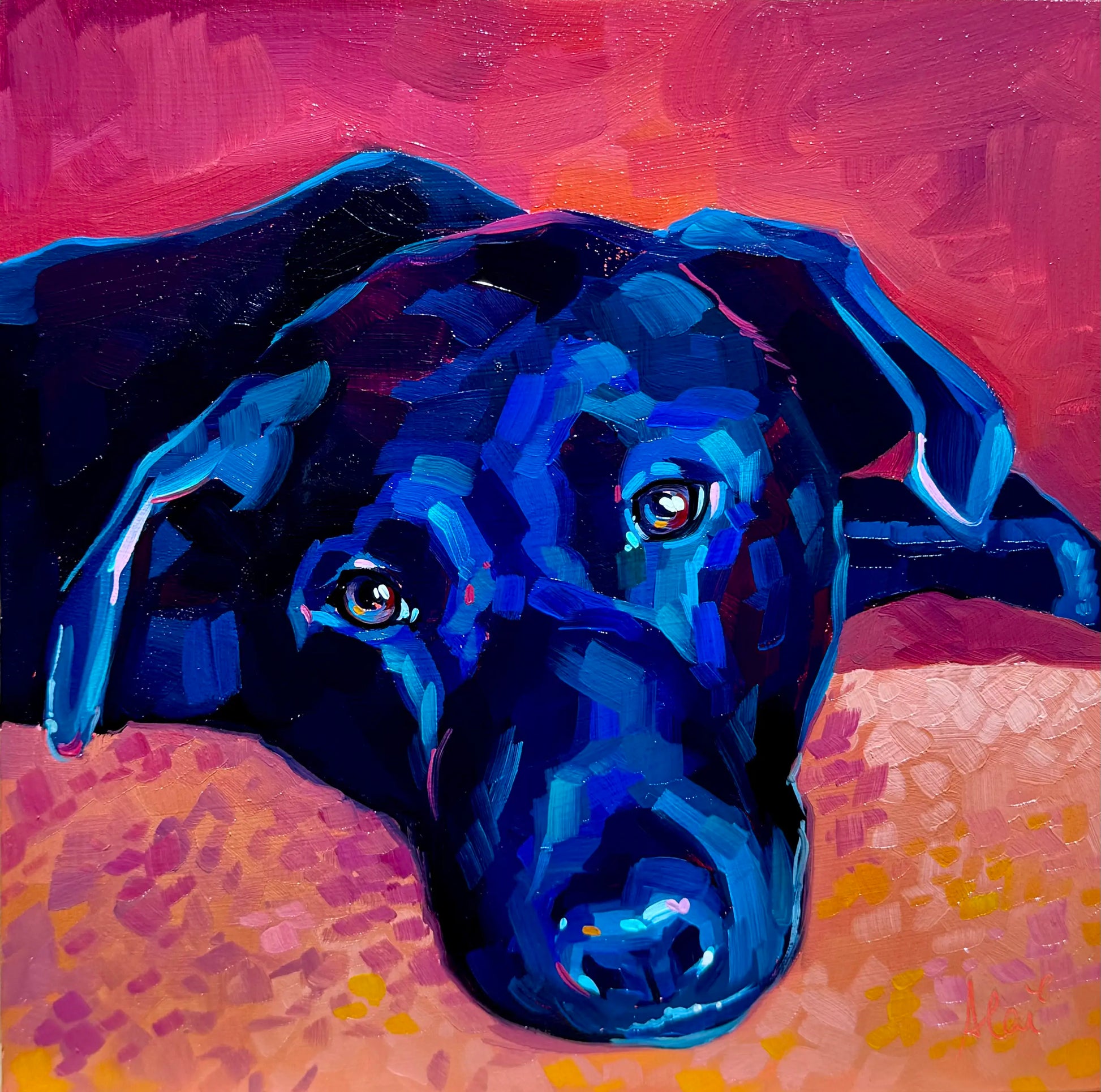 A high-contrast oil painting of a black dog with vibrant blue and violet highlights. The dog is resting against a fall-themed background of hot pink and orange with thick impasto texture.