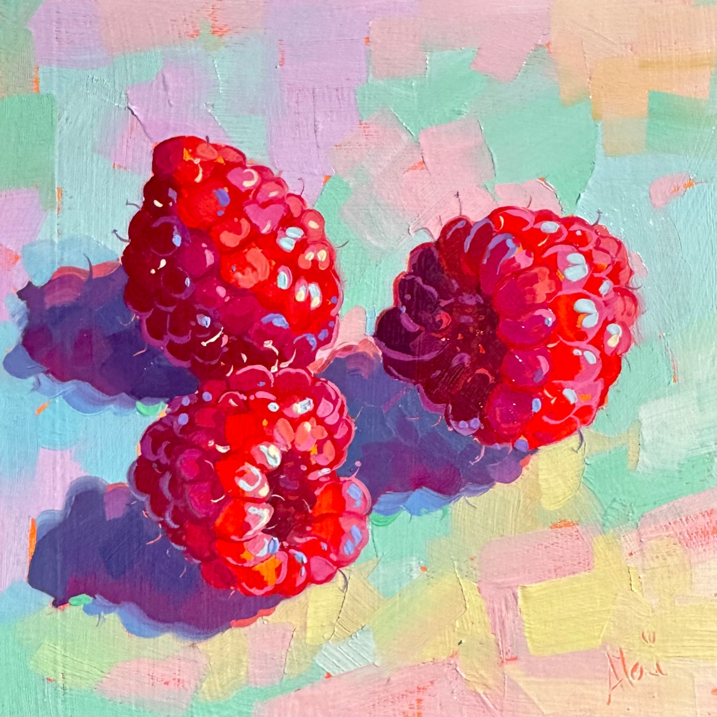 A square 15x15 cm original oil painting titled "Fireberries" featuring three intense, bright red berries. The berries are rendered with thick, sculptural impasto brushwork, creating physical 3D ridges that catch the light. They cast deep, high-contrast violet and magenta shadows against a background of mosaic-like strokes in mint green, lavender, and pale peach. The work is painted on a hand-primed cradled wood canvas with the artist's signature in the bottom right corner.