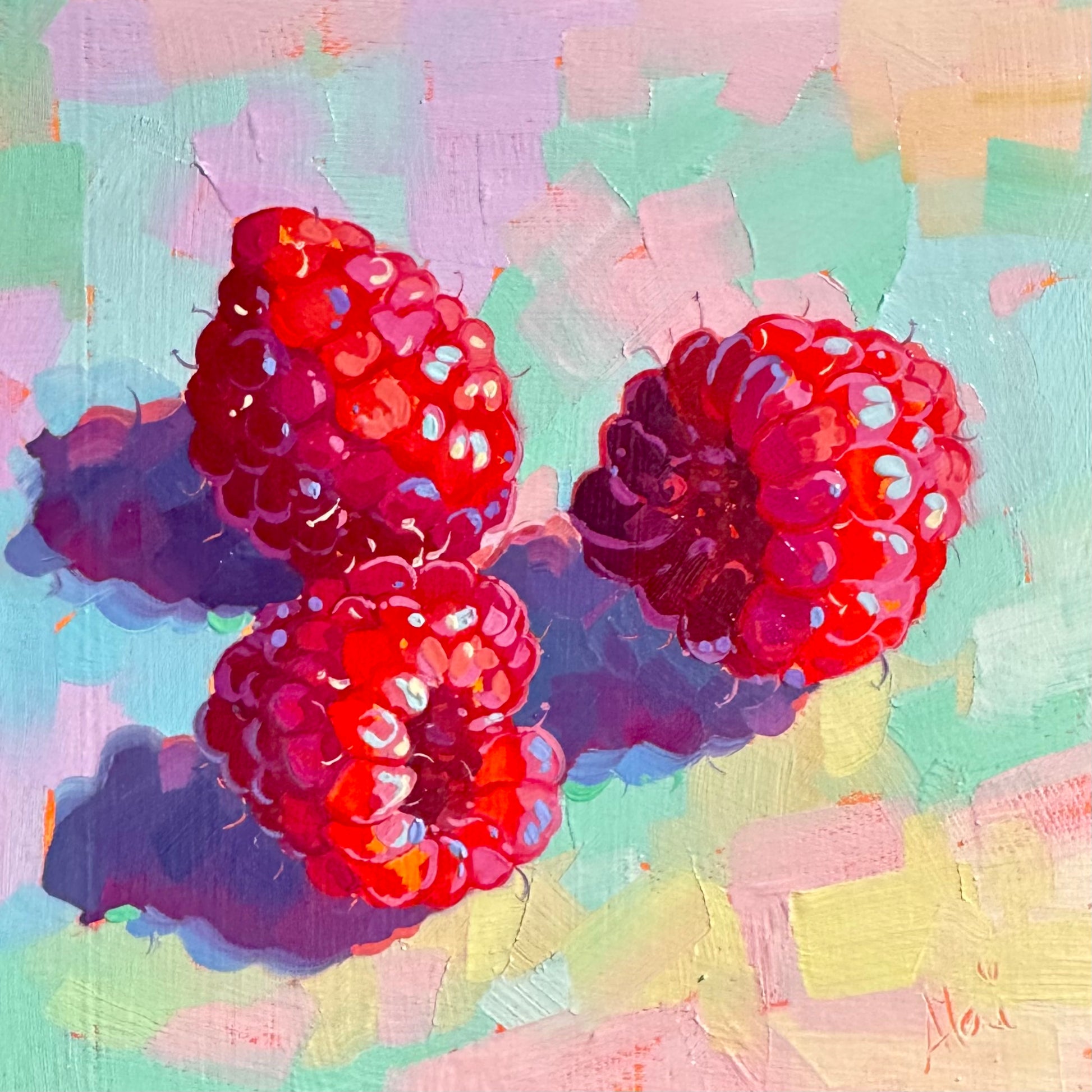 A square 15x15 cm original oil painting titled "Fireberries" featuring three intense, bright red berries. The berries are rendered with thick, sculptural impasto brushwork, creating physical 3D ridges that catch the light. They cast deep, high-contrast violet and magenta shadows against a background of mosaic-like strokes in mint green, lavender, and pale peach. The work is painted on a hand-primed cradled wood canvas with the artist's signature in the bottom right corner.