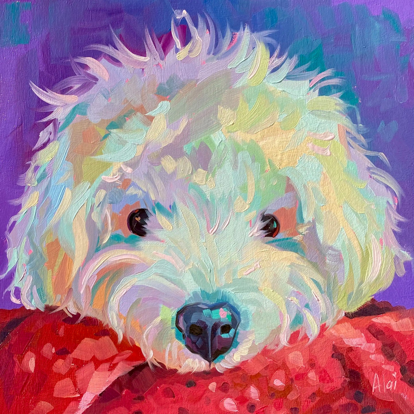 An original 10x10 oil painting of a fluffy white and cream dog named Lulu looking over a textured red blanket. Features massive dark eyes and a rich purple background with heavy impasto strokes.